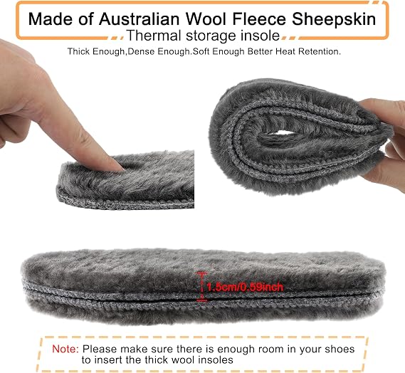riemot 2 Pairs Mens Sheepskin Wool Insoles,100% Australian Wool Fleece,15mm Thick Warm Winter Boot Inserts, Cozy Insoles for Snow Boots, Work Boots, Slippers & Roomy Shoes Beige & Grey EU44/US11