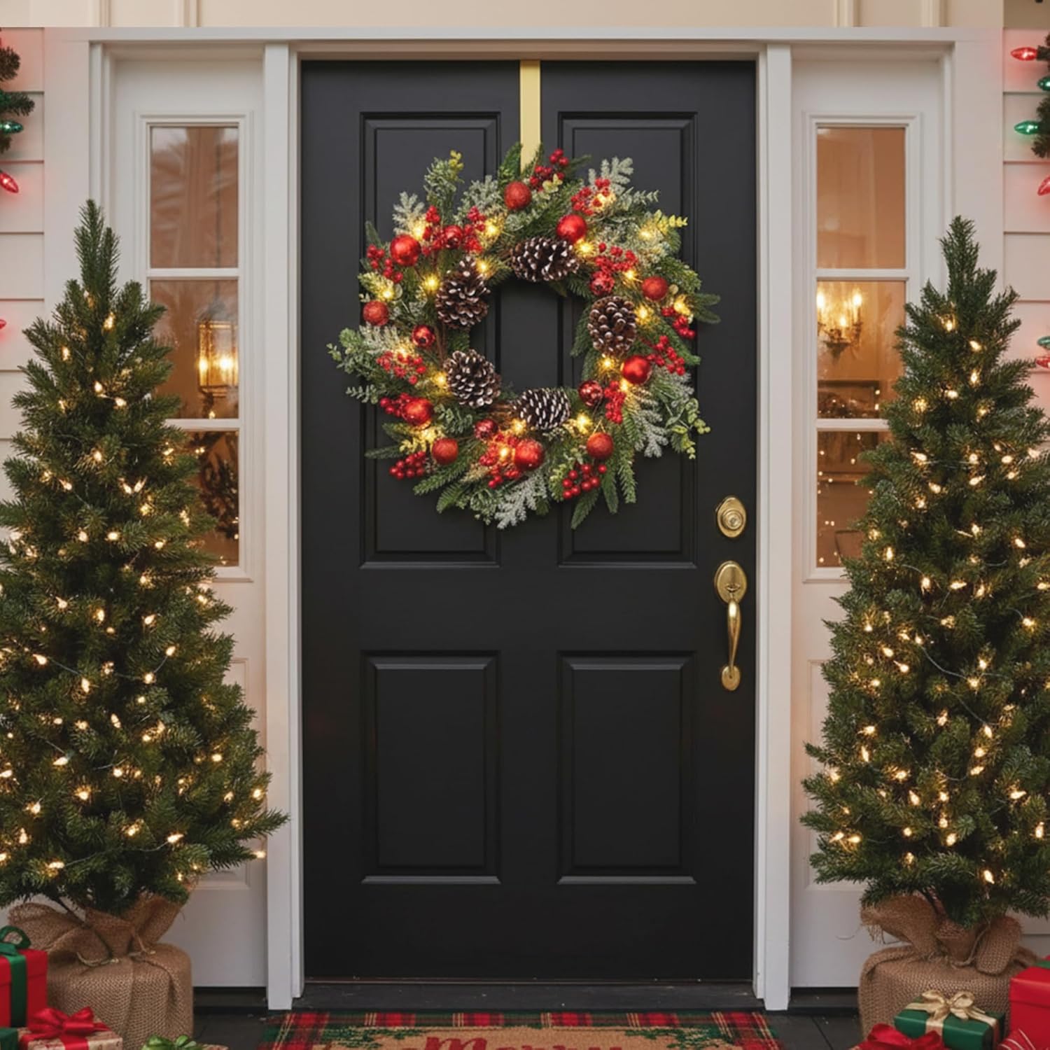 24 Inch Christmas Wreath for Front Door with Lights Snowy Winter Wreath Red Balls Pine Needles Pinecones Red Berries for Wall Window Holiday Party Xmas Decor - Image 8