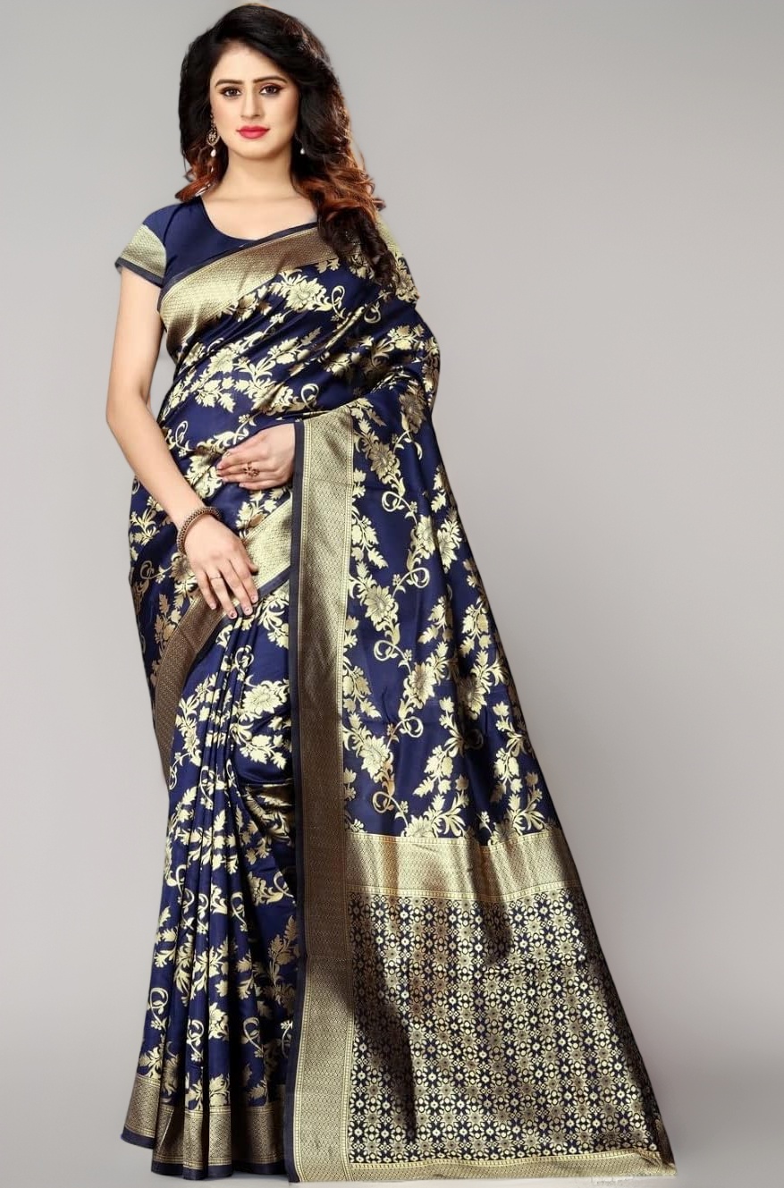 C J Enterprise Women's Pure Kanjivaram Silk Saree Soft Saree Banarasi Style New Sadi With Blouse Piece For Wedding (Pari37-11) (Navy Blue)