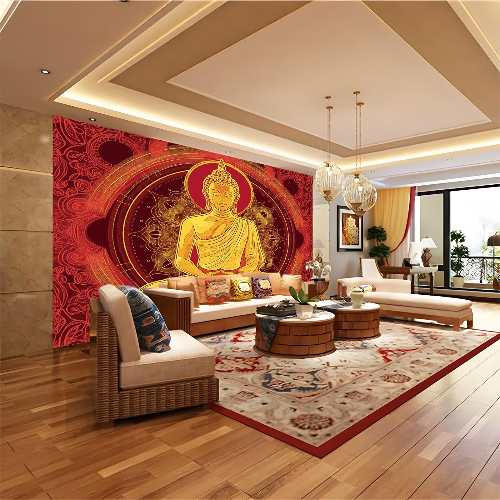 Carta da parati 250 x 175 cm Fotomurali in Murale alla moda Decorazione da Muro Poster Gigante Design Mandala in postura di meditazione Carta per pareti Rosso