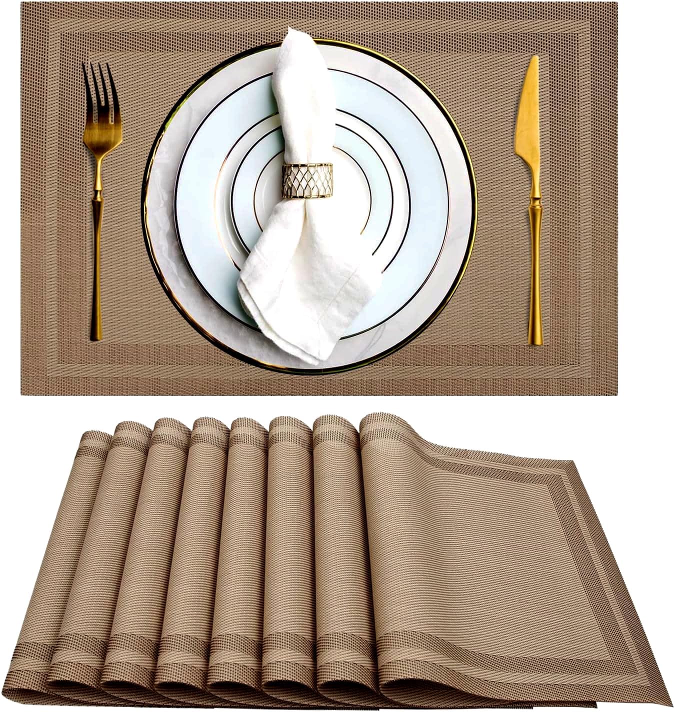 Cilveec Dining Table Mats 6 Pieces, Washable/Heat and Stain Resistant, Indoor/Outdoor Placemats, PVC Table Placemats, Brown / 6 PCS
