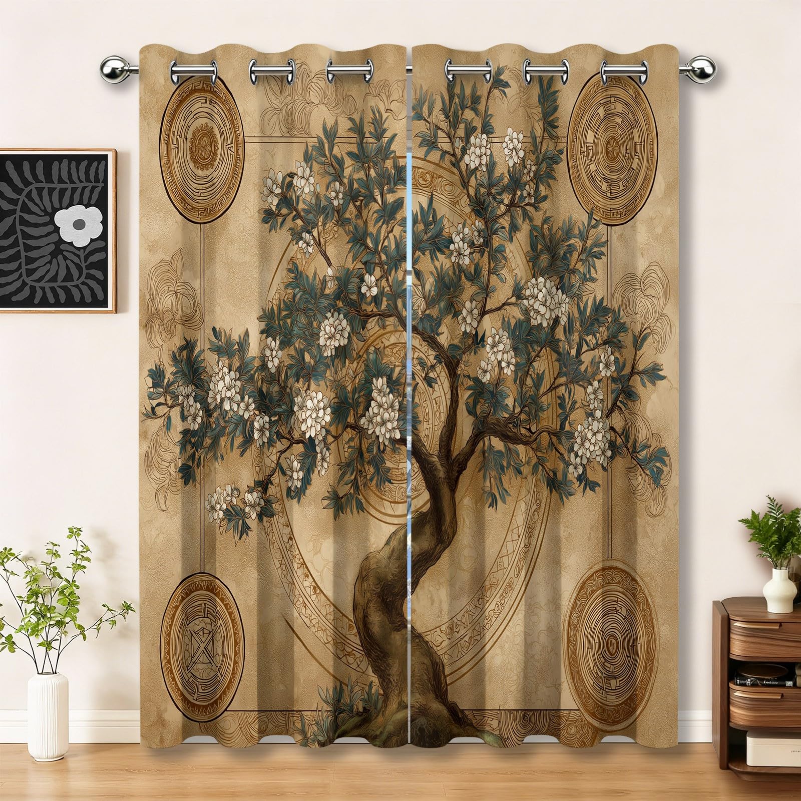 Verdunklungsvorhänge Braunes Vorhänge Blickdicht H 220 x B 140 cm, Gardinen Ösen Vorhänge Wohnzimmer Schlafzimmer, Japanischer Stil Tuschemalerei Bäume Blumen Fenster Verdunkelung Thermovorhang