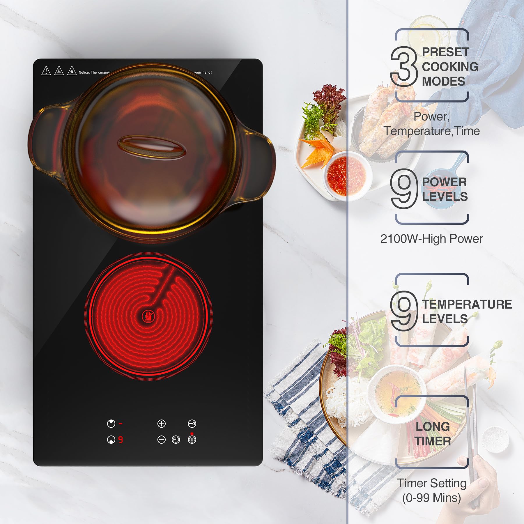 Cocina eléctrica, estufa eléctrica incorporada y de encimera, quemador eléctrico de 2100 W 110 V, 9 niveles de calefacción, temporizador y bloqueo de seguridad para niños, control táctil con 9