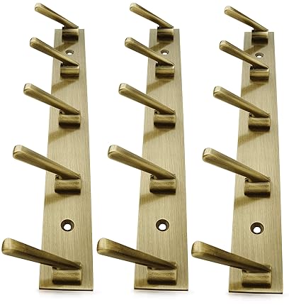 DOCOSS-Pack of 3-Deluxe Metal Antique Brass Colour 5 Pin Cloth Hangers for Wall Door Cloth Hook Bathroom Wall Hooks Rail for Hanging Clothes,Towel Bathroom Accessories