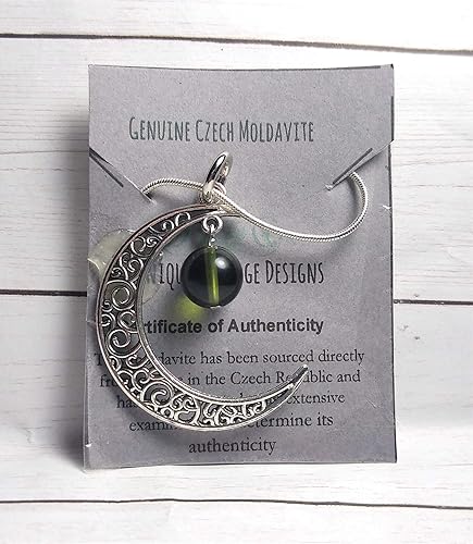 Miniatura 2 de Authentic Moldavite Bead on Moon- Bronze-Copper-Silver-Gunmetal, Black,-Antique Brass,-Gold-Rose Gold Celtic Crescent Moon Pendant 10MM Bead-