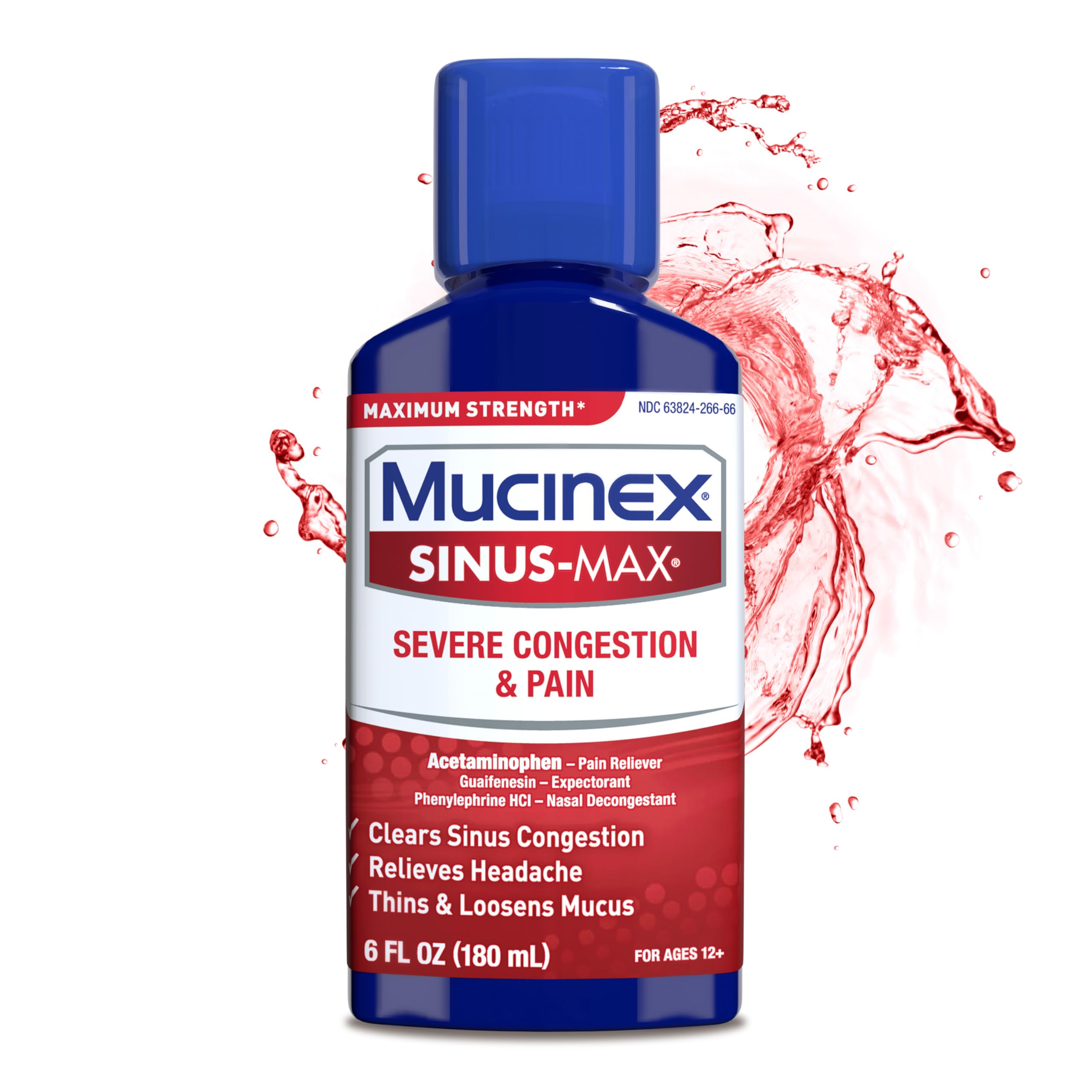 MucinexSevere Congestion & Pain Relief, Sinus-Max Max Strength, 6oz Clears Sinus & Nasal Congestion, Relieves Headache & Fever, Thins & Loosens Mucus