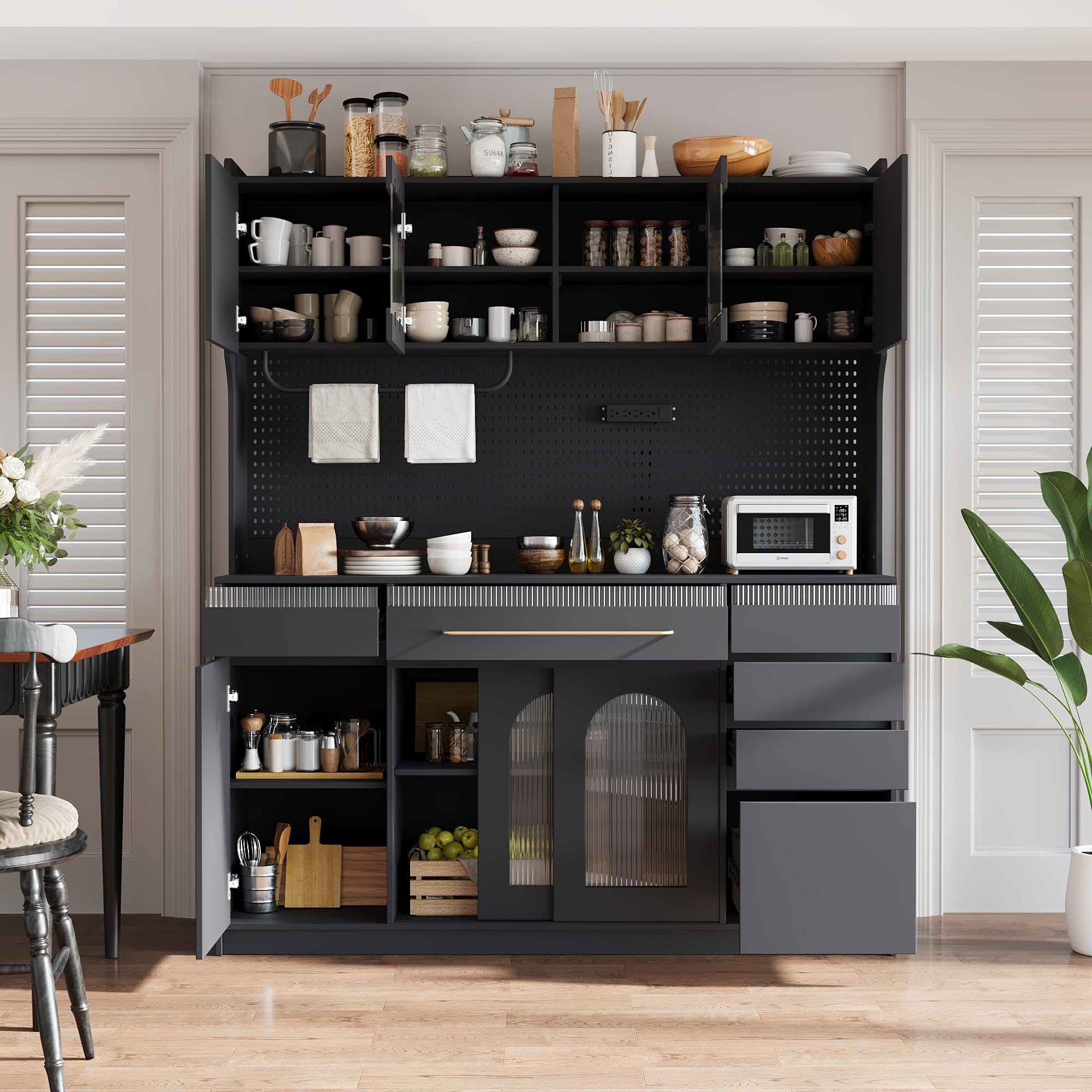 ముందు view of the assembled black buffet cabinet with hutch