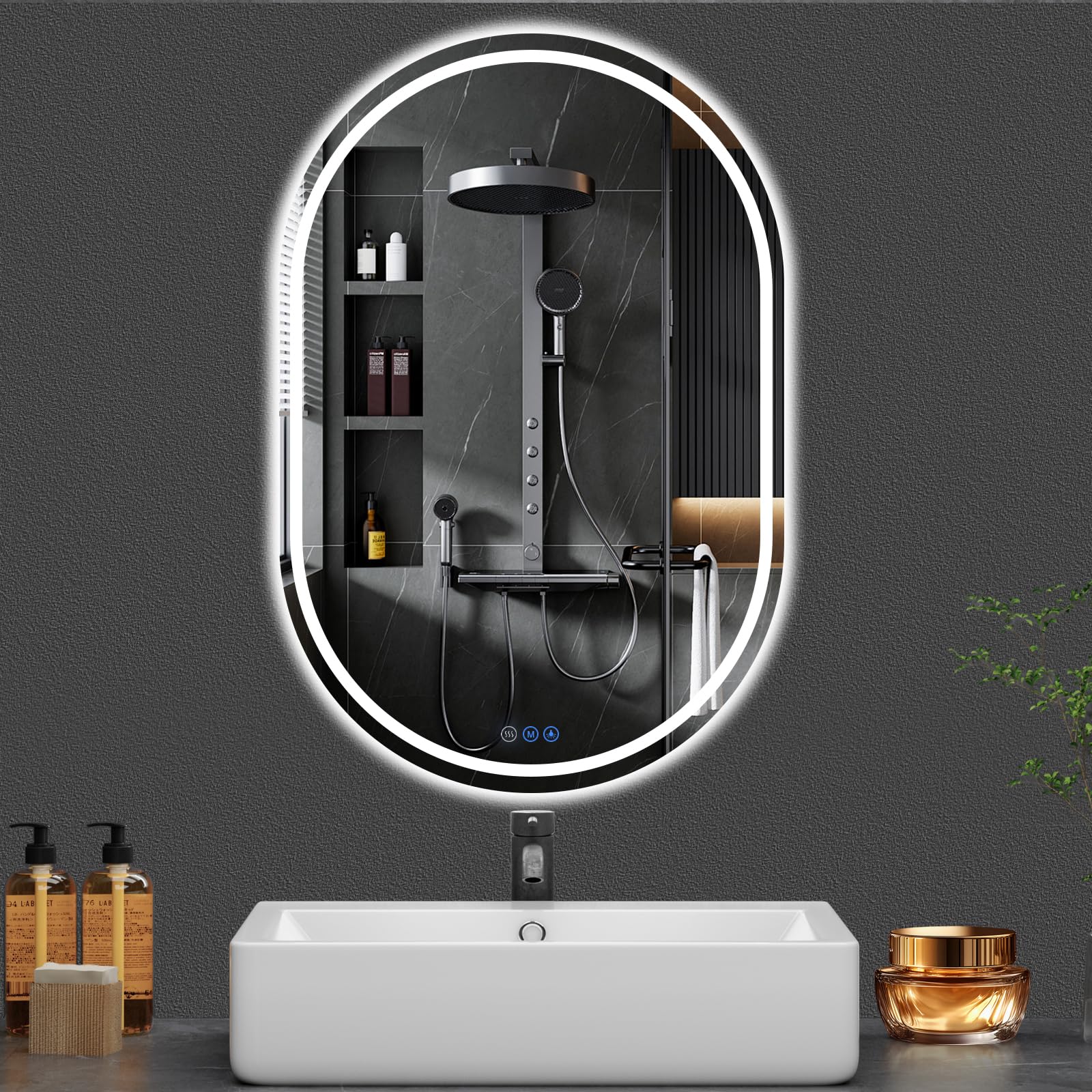 Espejo de baño LED ovalado, 22 x 32 pulgadas, espejo LED sin marco con luz frontal y retroiluminado, antivaho, espejo iluminado moderno regulable para montar en la pared, espejo inteligente