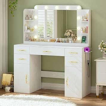HUAHUU Makeup Vanity Desk with Mirror and Lights, 45" Large Vanity Table, 3 Lighting Modes, Built-in Power Outlet, 5 Drawers & 2 Cabinets, Spacious 23.6" Legroom, Milky White
