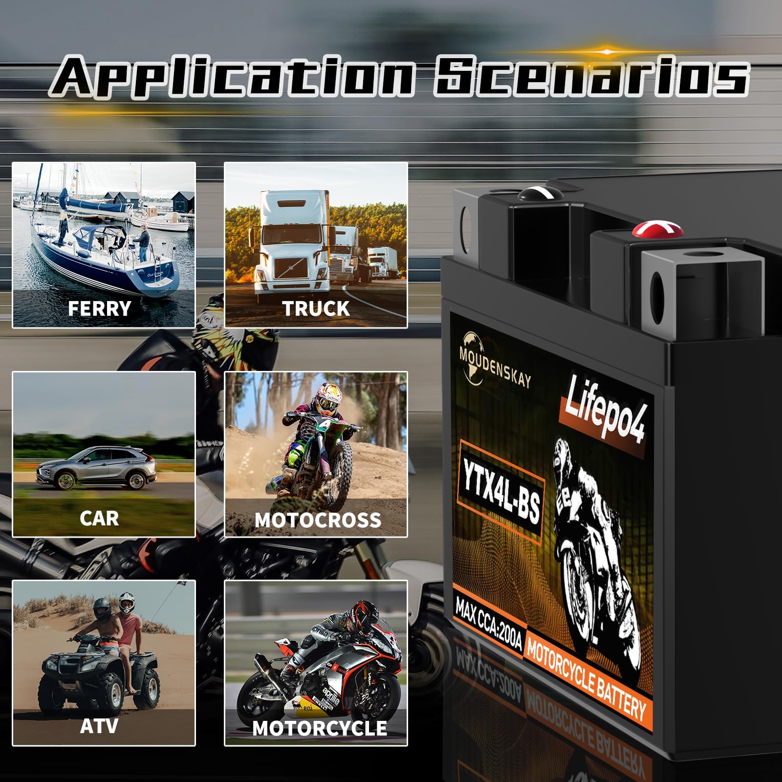 Akumulator litowy do motocykla, 12 V, akumulator litowy Powersports z BMS (YTX4L-BS 12,8 V 2 Ah 200 A) LiFePO4 akumulator rozruchowy do motocykli, ATV, UTV, pojazdów wodnych itp