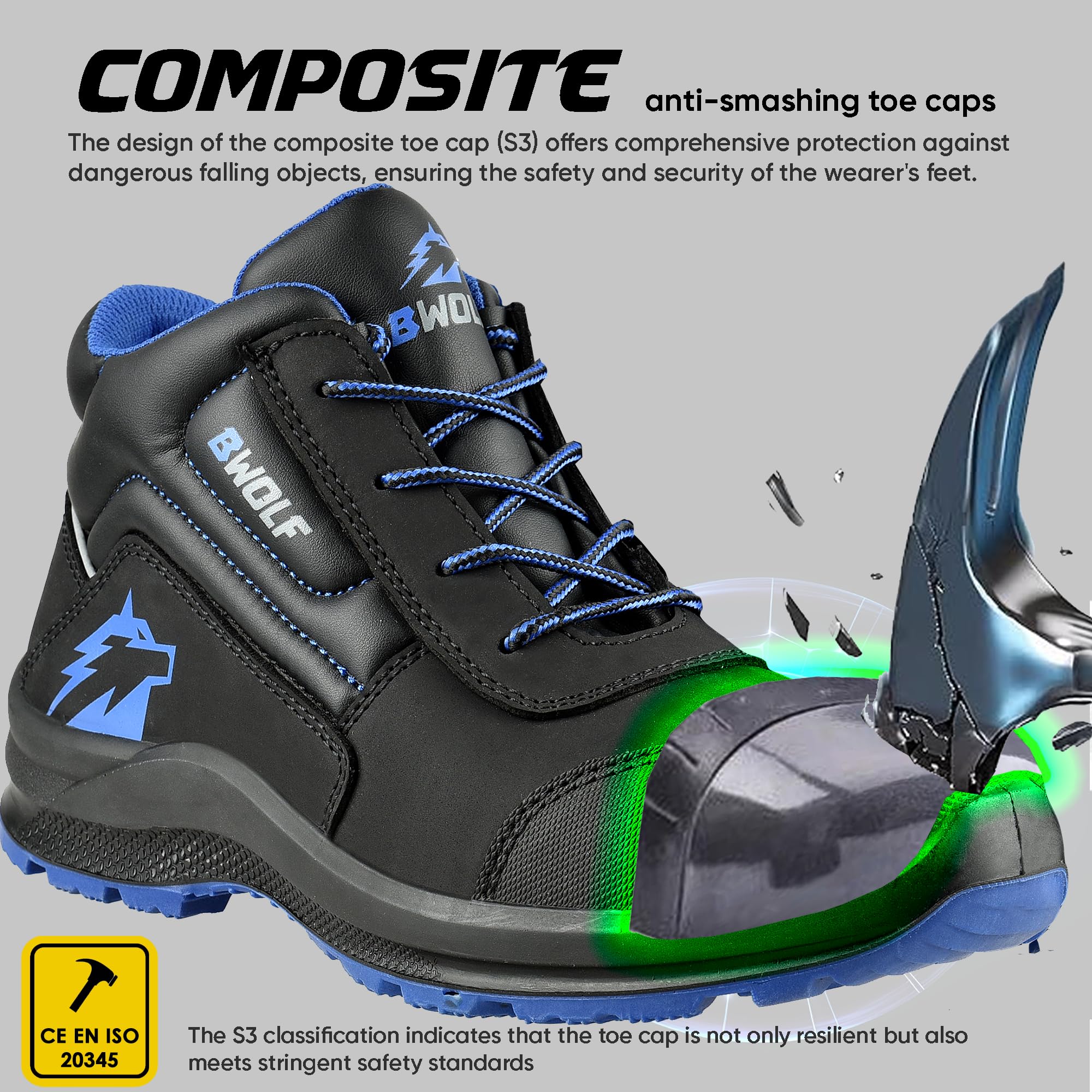 BWOLF Spire Arbeitsschuhe Herren S3 High Sicherheitsschuhe Herren S3 wasserdicht, ölbeständig, rutschhemmend mit 4x4 Grip Technologie mit ergonomischer Wechselsohle (HIS3Blau/Schwarz HI, 40)