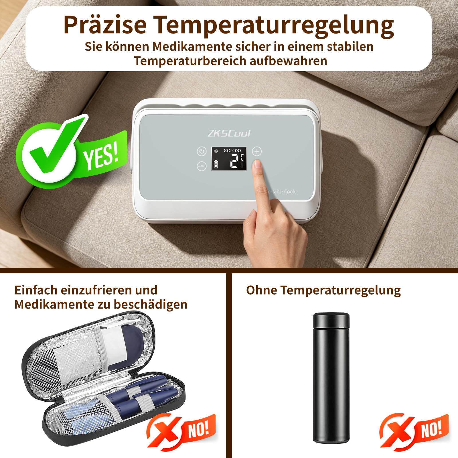 Insulin Kühlbox Elektrisch, Kühlbox 2-8°C Tragbar mit LCD-Temperaturanzeige und 13600mAh Batterie (mit Griff), für Auto, Reisen und Außenbereich (Grau)