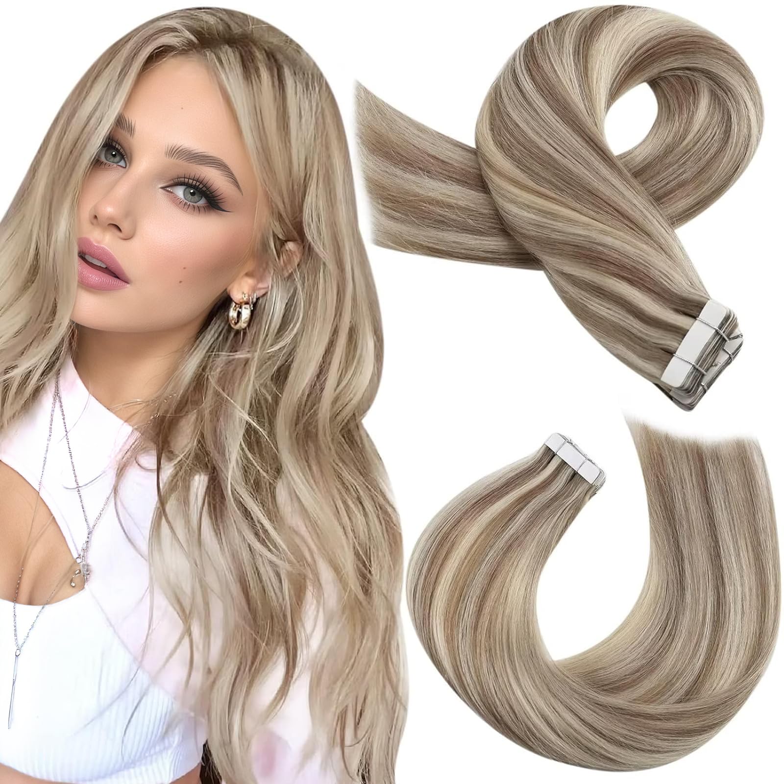 Moresoo Highlight Blonde Tape in Hair Extensions Human Hair Light Brown with Platinum Blonde Tape in Human Hair Extensions Remy Silky Straight Long 24 Inch 20 Pieces/50g #P9A/60