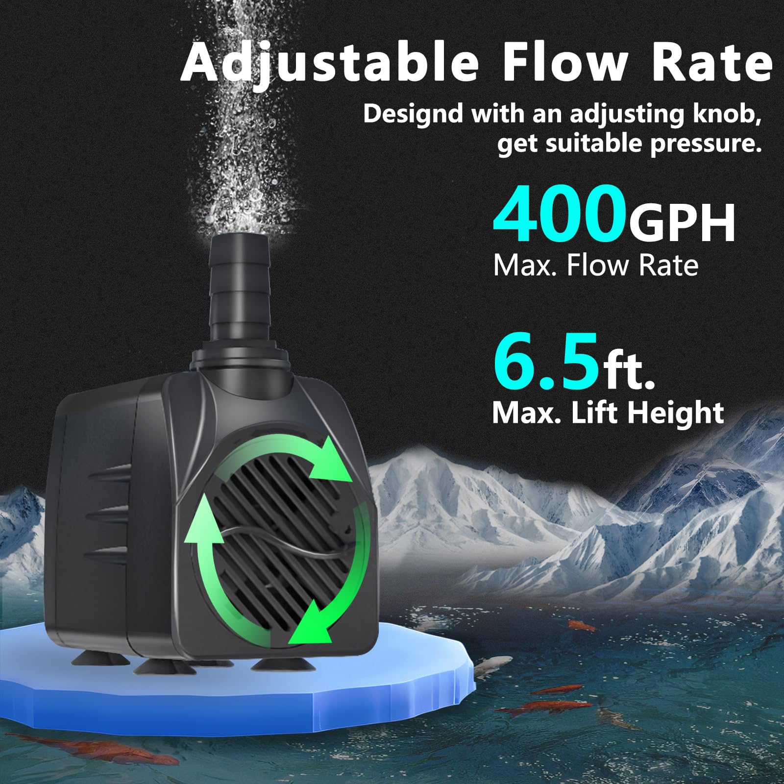 Bomba sumergible de 400 GPH de apagado automático (1500 L/H 25 W) bomba de agua de fuente ultra silenciosa con elevación de 6.5 pies de alto, 3 boquillas para acuario, pecera, estanque,