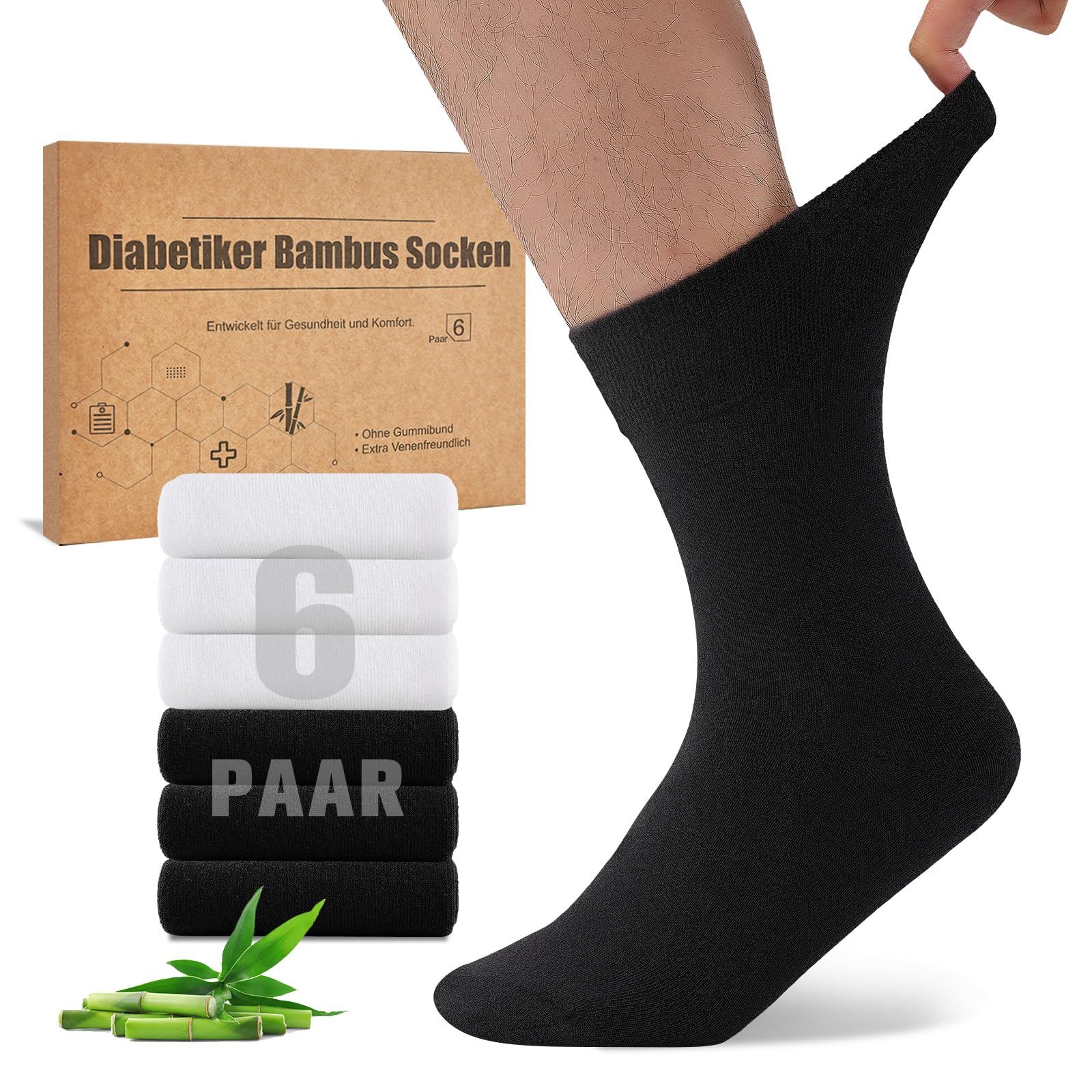 Niorasen Bambus Diabetikersocken, 6 Paar Diabetiker Socken ohne Gummibund & ohne Naht, Bambussocken Gesundheitssocken mit Komfortbund für Herren & Damen