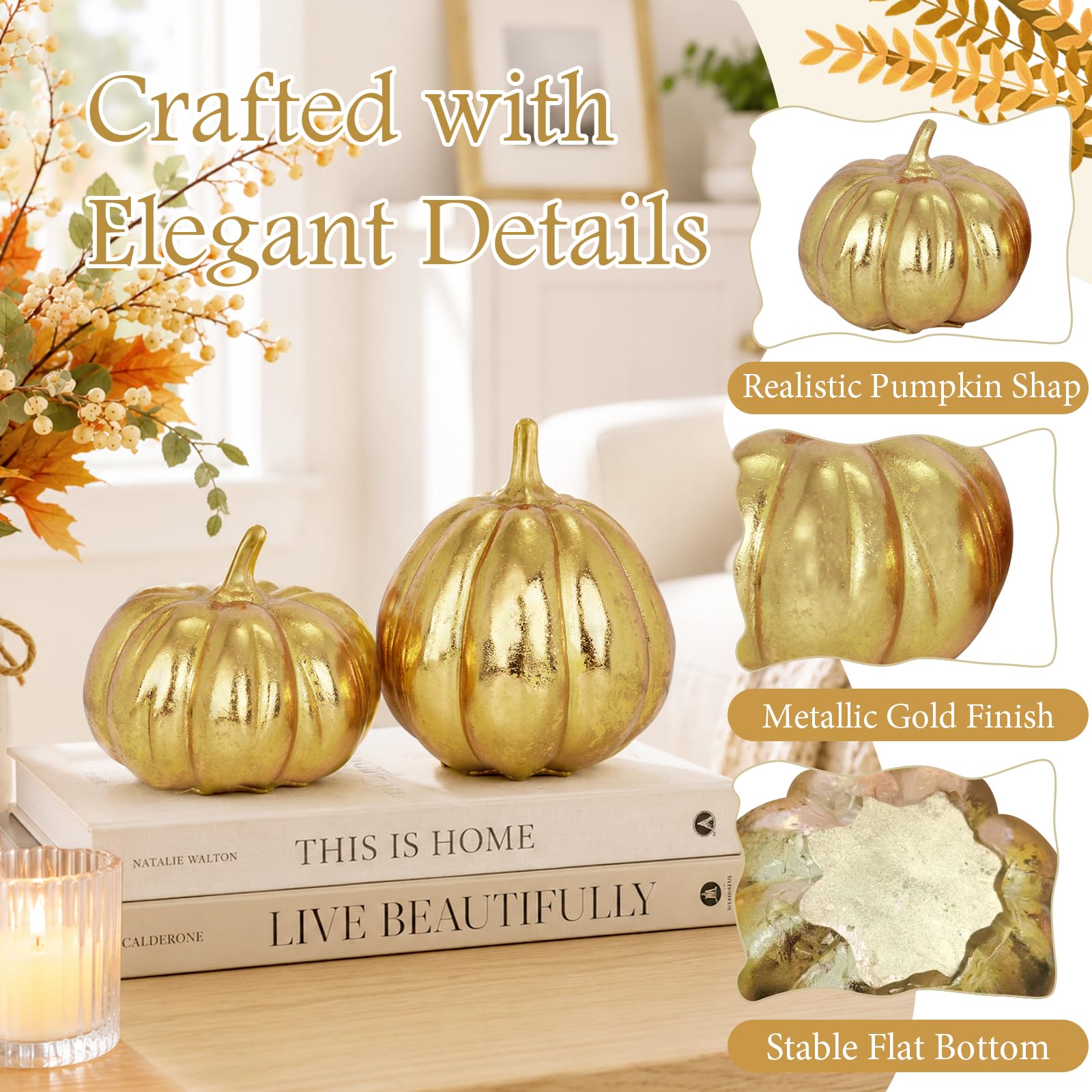 Set di 2 decorazioni autunnali in resina a forma di zucca dorata | Farmhouse Thanksgiving Centrotavola oro metallizzato raccolto zucche per interni ed esterni giardino a più livelli mensola