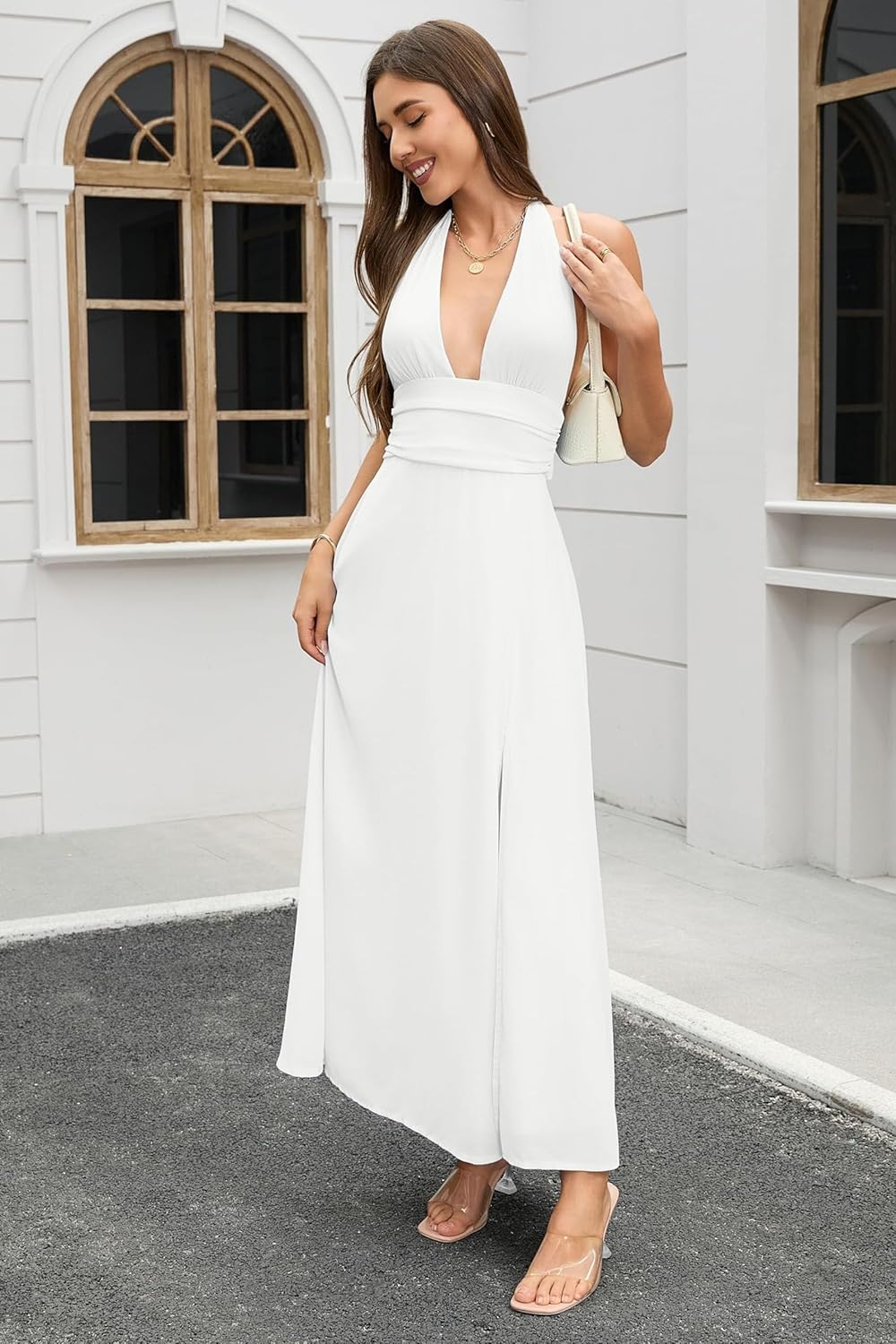 Women's Sexy V Neck Halter Maxi Dress Ruched Waist Tie Backless Summer Flowy Slit Wedding Cocktail Party Long Dresses - Image 4
