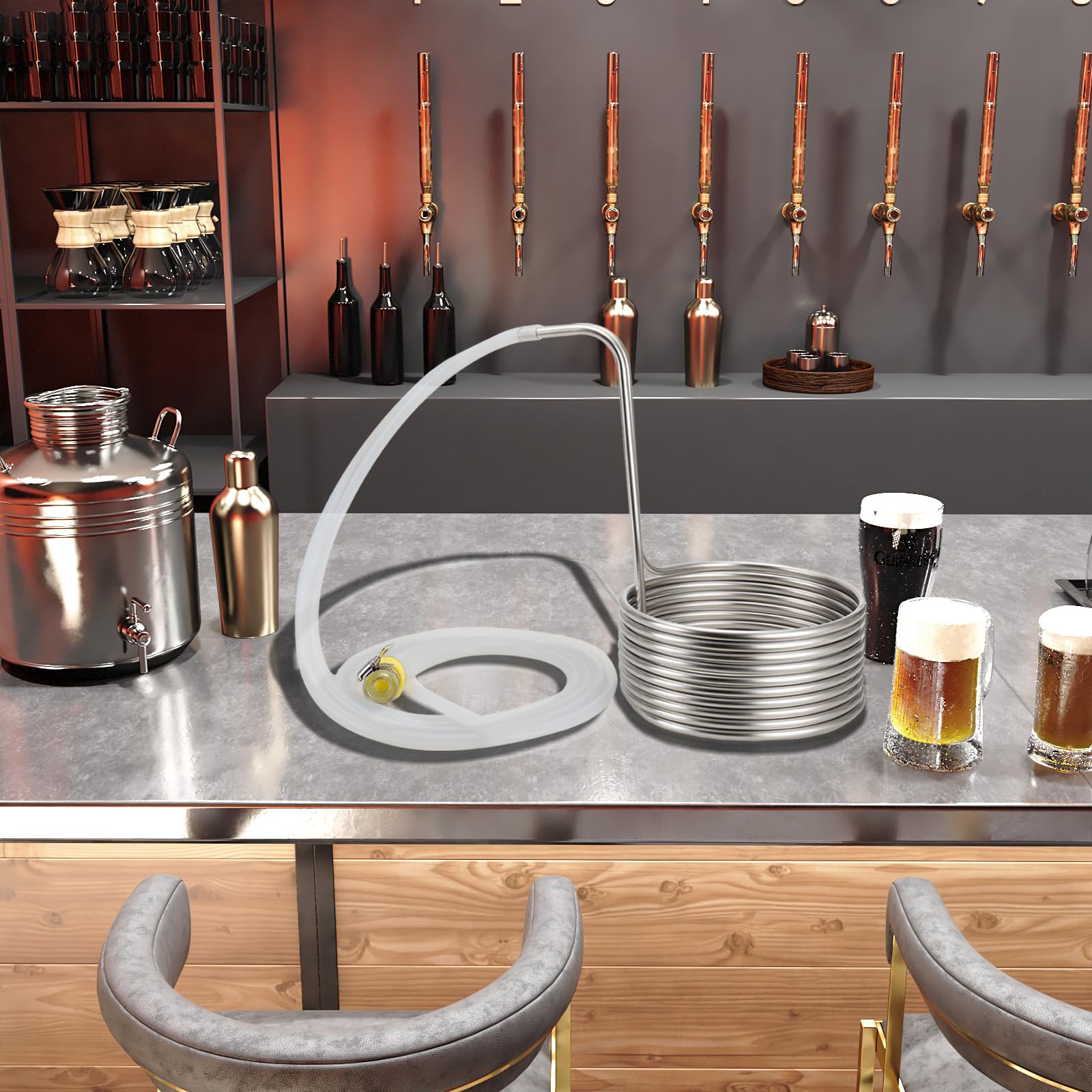 Refroidisseur de Moût, Refroidisseur à Immersion Spirale de Refroidissement à Eau de Refroidissement de Bière, en Acier Inoxydable en Spirale, Comprenant 2 tuyaux, Argent