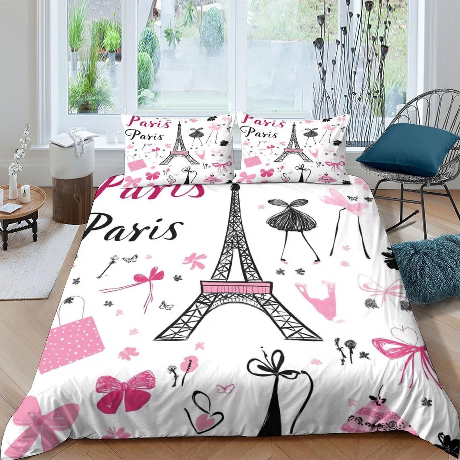 Stampa 3D Paris Eiffel Tower Copertura per letto Biancheria per letto Con federa Confortevole Cartoon Paris Decor Fodera copriletto Antiacaro per giovani single coppie Super king（260x220cm）