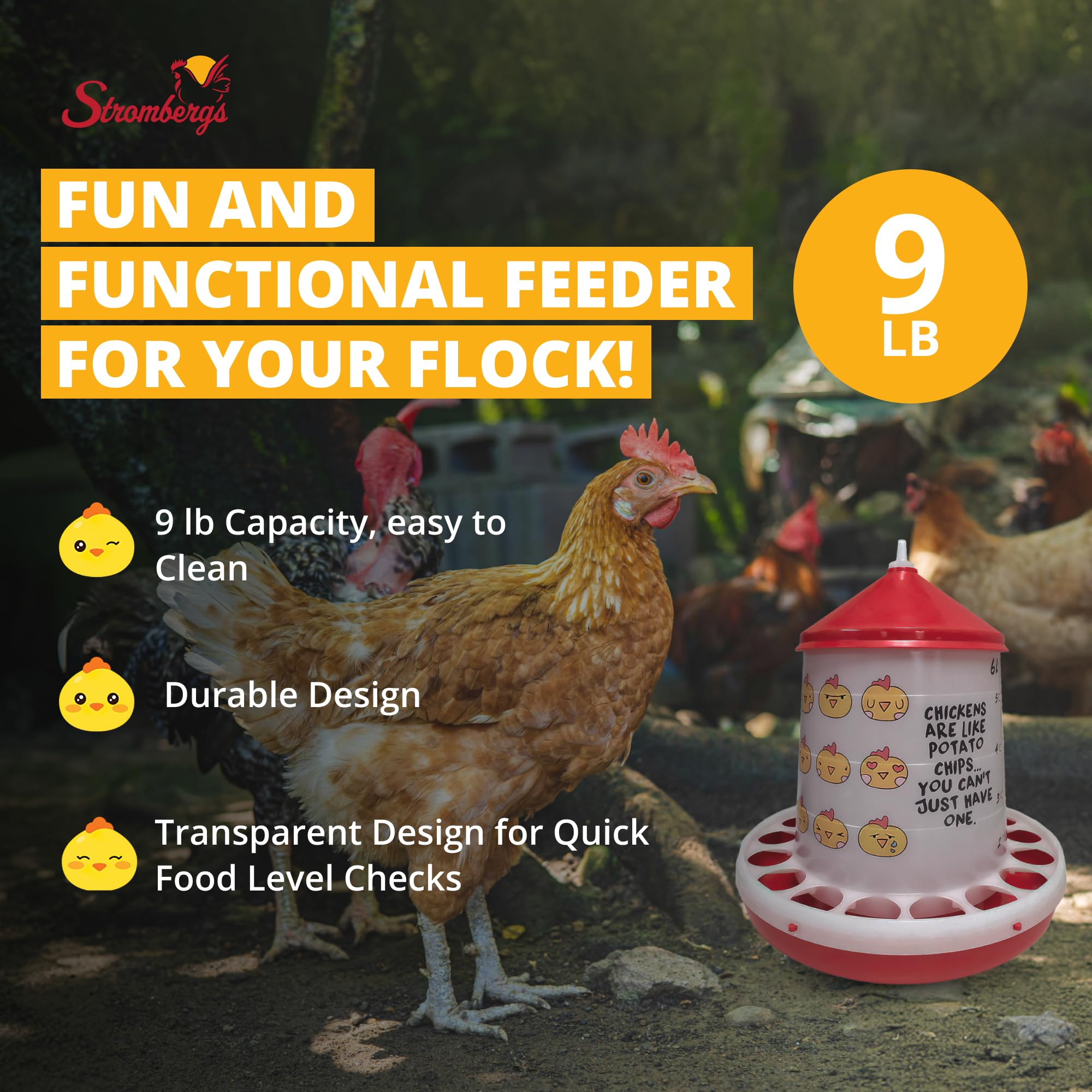 Stromberg's Comedero para aves de corral de emoji de pollo, 9 libras, plástico translúcido, fácil monitoreo del nivel de alimentos, diseño duradero, tapa extraíble, divertida configuración de aves de