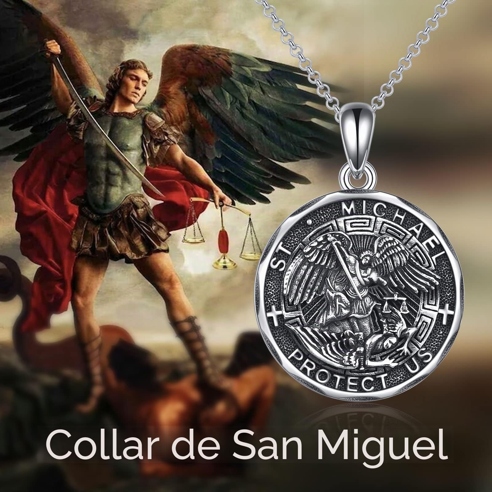 YFN - Collar religioso protector de plata de ley con colgante de San Michel/Christophe/Florian/Benedicto para mujer y hombre, Standard, Plata esterlina, No es una piedra preciosa