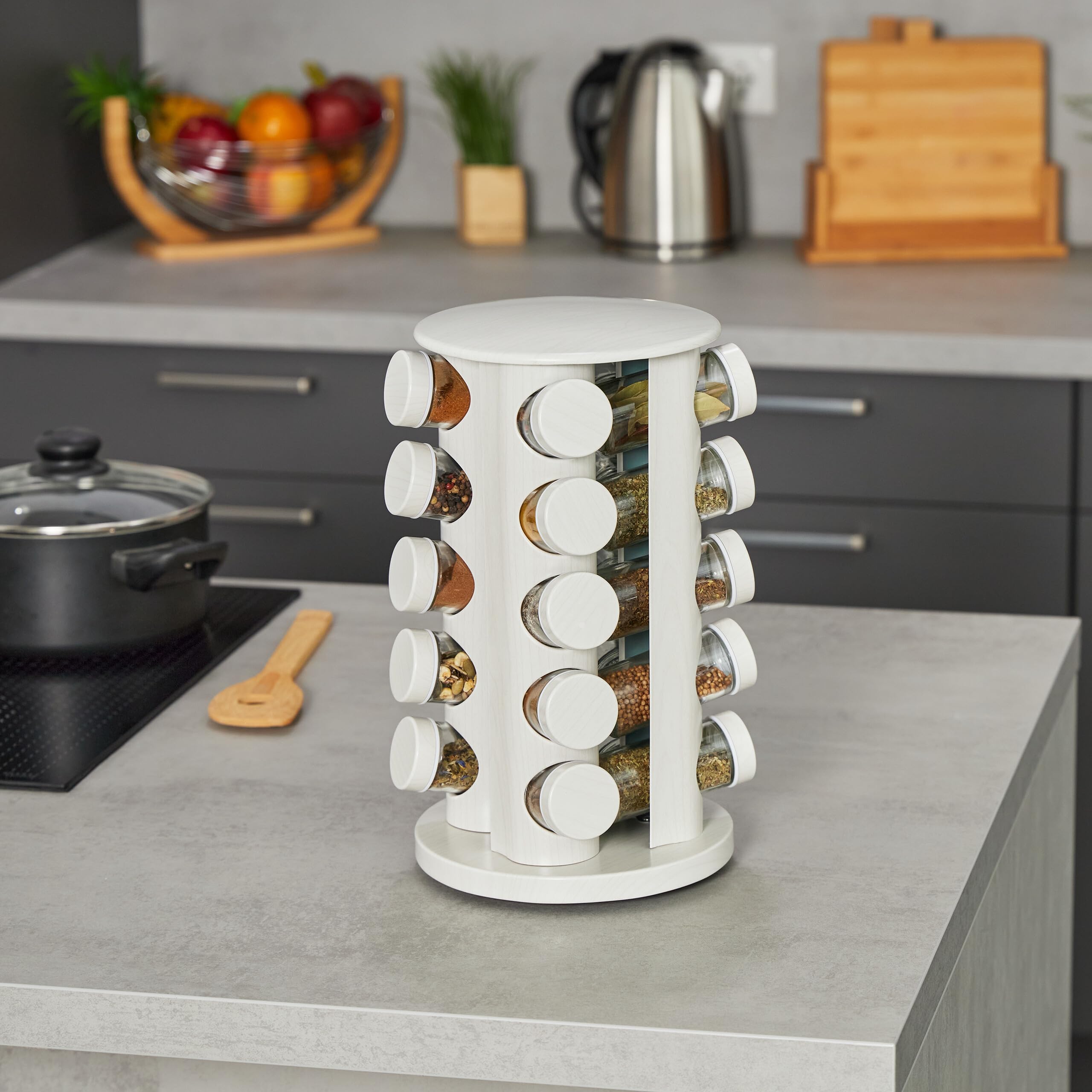 Relaxdays Tourniquet à épices, 20 Pots, chacun avec Embout tamiseur, Rotatif à 360°, Effet Bois, HD 33,5x19 cm, Blanc