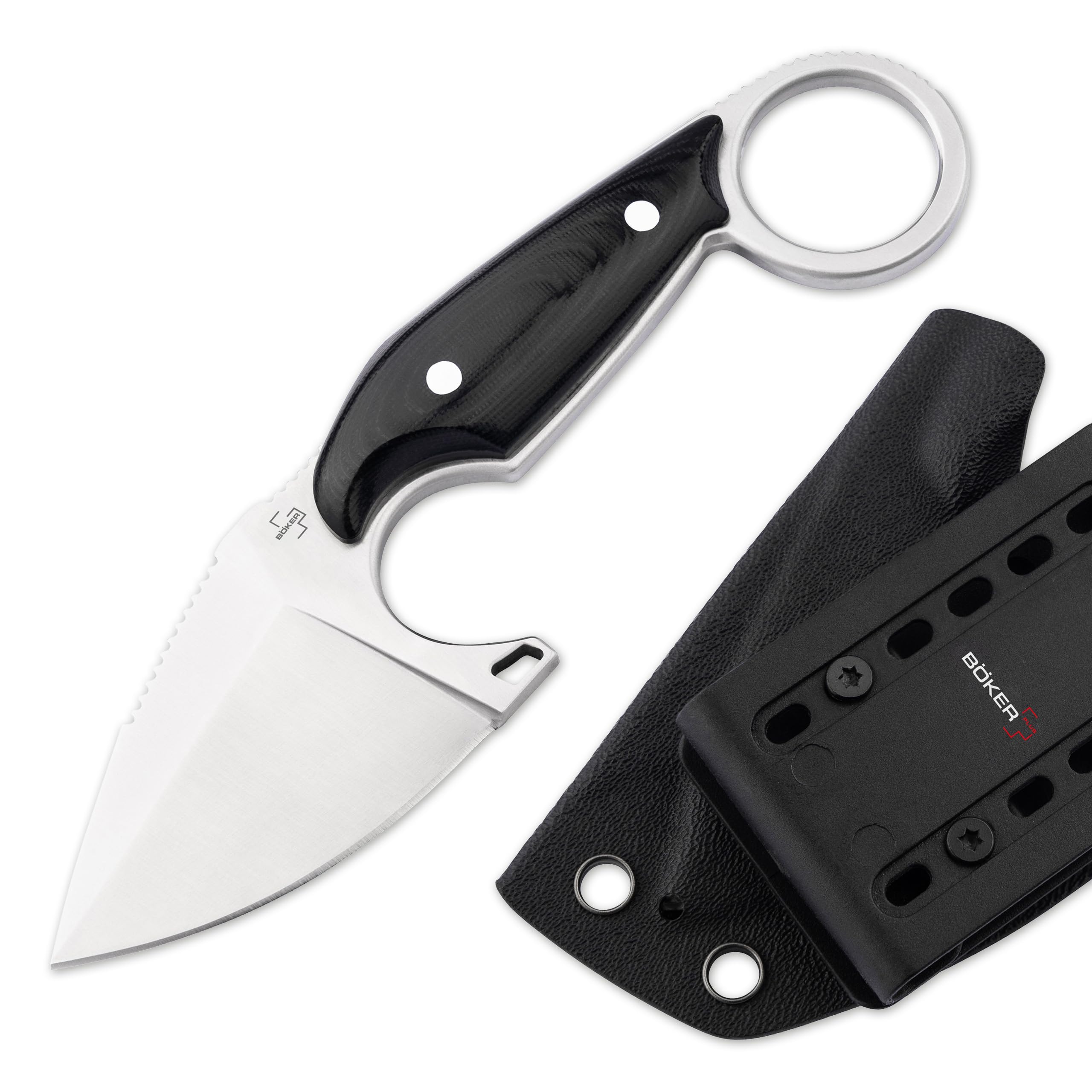 BÖKER PLUS® Enki - kleines Full Tang Messer mit Kydexscheide - taktisches Messer mit 5,6 cm D2 Droppoint Klinge feststehend - Neck Knife 42a konform - Backup Messer mit Micarta Griff schwarz & Ring