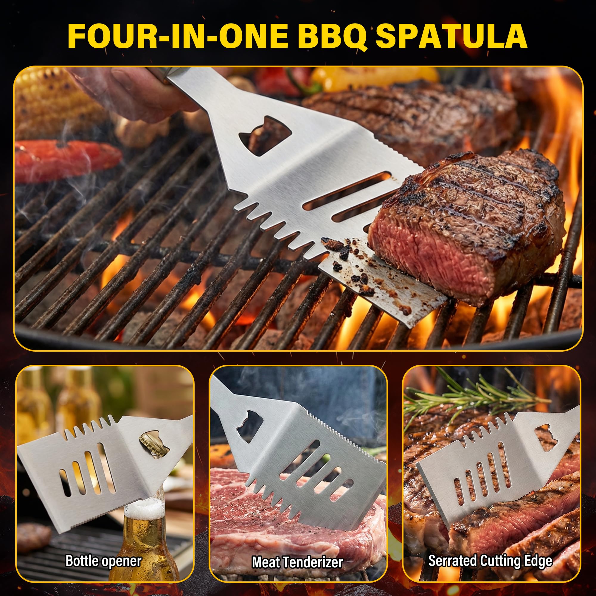 Yekale Juego de herramientas resistentes para parrilla de barbacoa con espátula extra gruesa de acero inoxidable, tenedor, pinzas y cepillo de limpieza, kit completo de accesorios para barbacoa