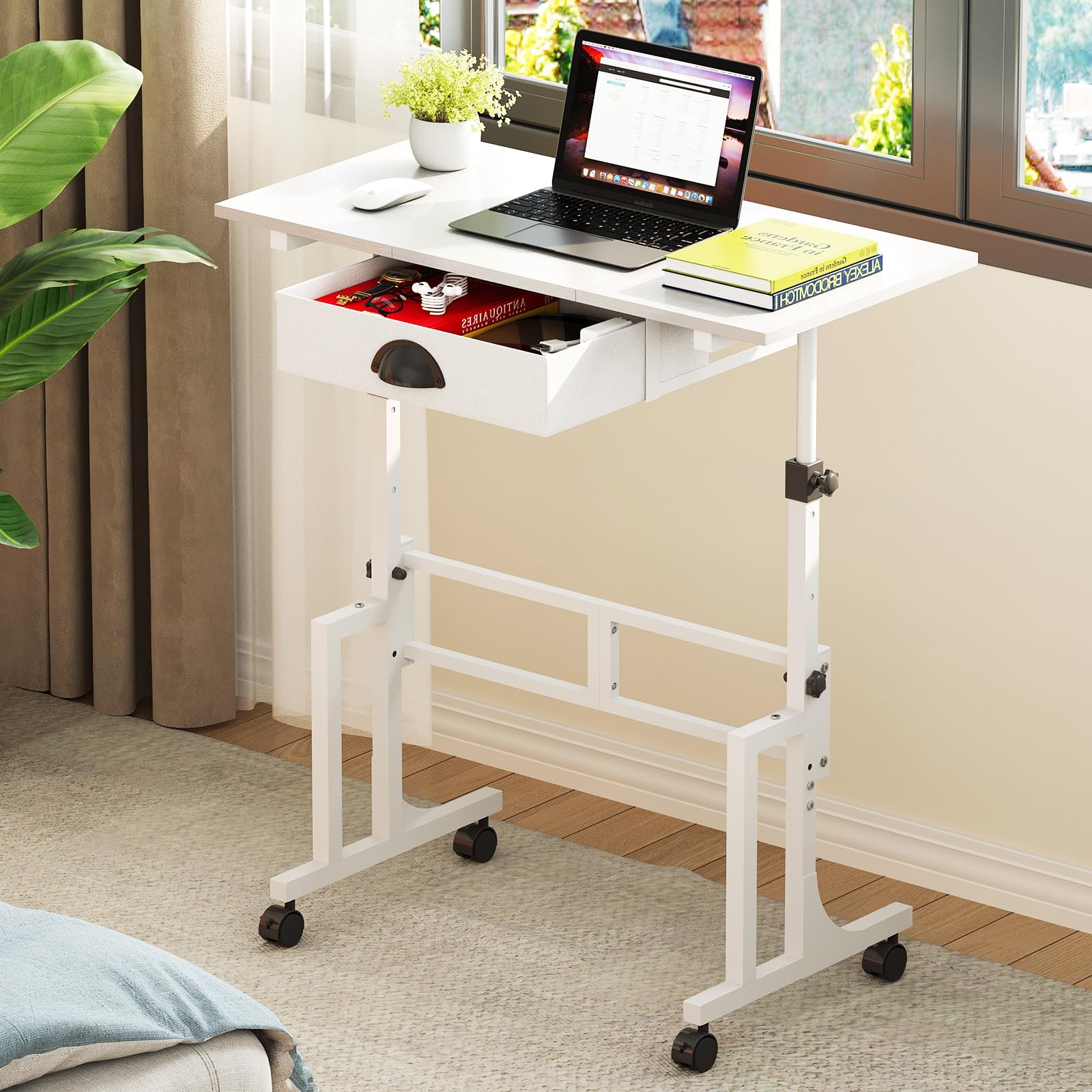 Photo 1 of Cidaziya Adjustable Height Standing Desk for Walking Pad Treadmill, Portable Rolling Desk for Laptop with Drawer, Small Moblie Sit to Stand Desk On Wheels with Stiffener for Home Office Dorm Bedroom