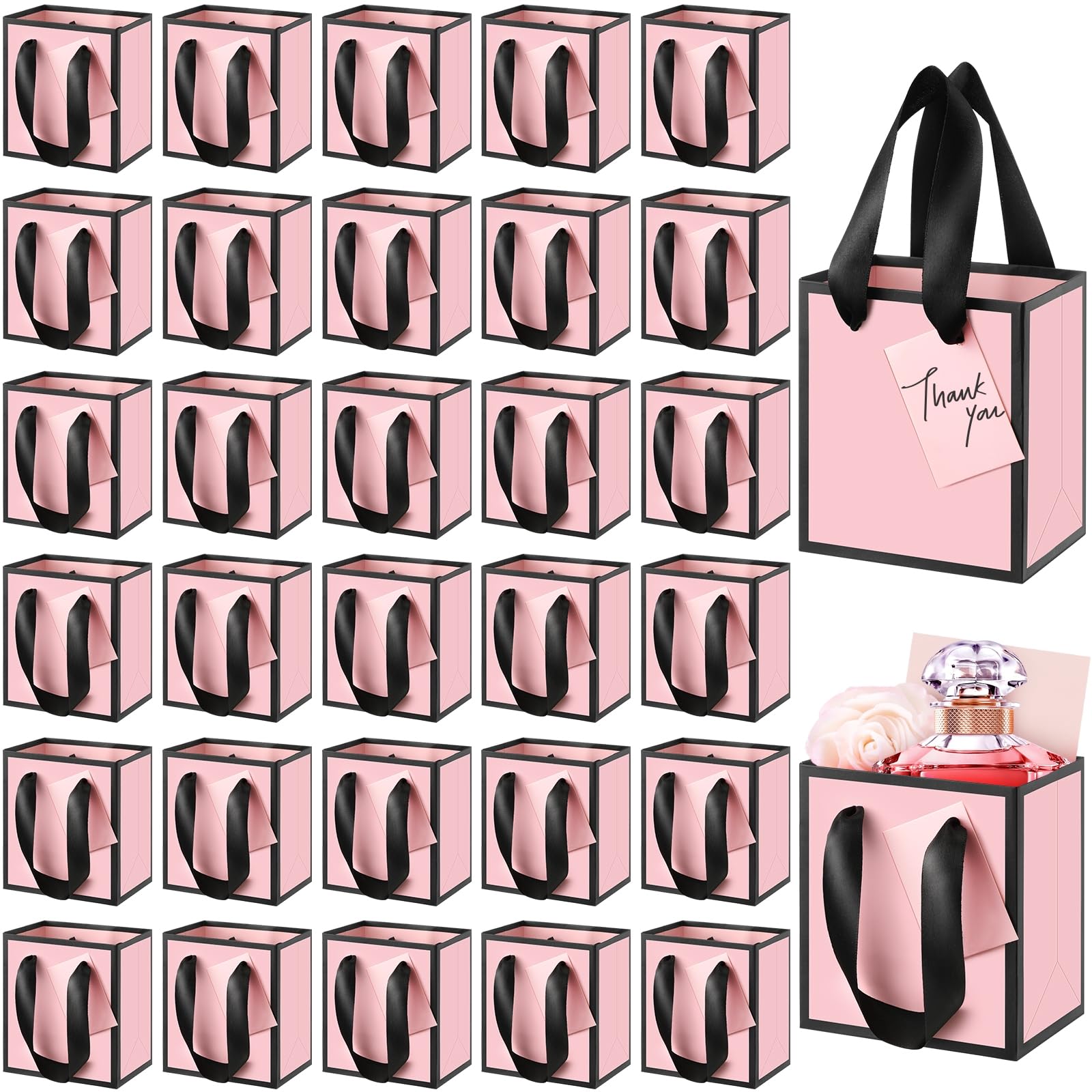 Yeaqee 50 Pcs Mini Metallic Paper Gift Bags with Handles 4x2.75x4.5'' Tiny Small Gift Bags with Thank You Tag for Wedding Graduation Birthday Party Return Gifts Jewelry Business (Black,Light Pink)