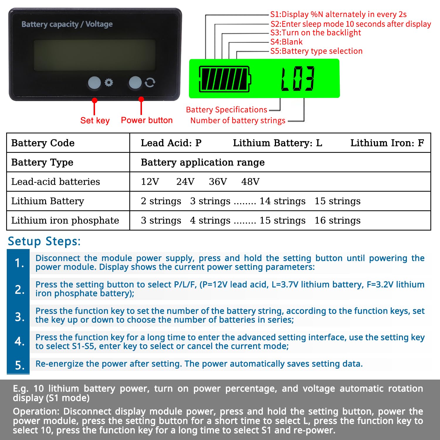Misuratore Capacità Batteria VooGenzek | Voltmetro Per Batterie 12-48V | Display LCD, Luce Verde - Foto 8