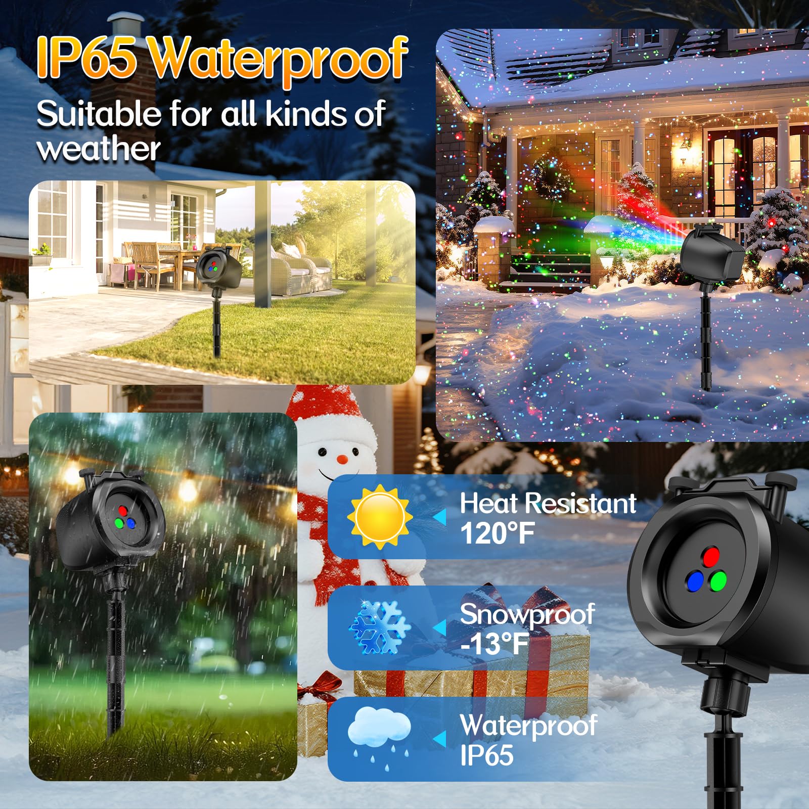 Weihnachtsbeleuchtung Projektor Aussen, 2 in 1 Urlaub Licht Projektor mit 4 Folien & 8 helleren HD Mustern, Bewegliche RGB Glühwürmchen Effekte Licht für Weihnachtsdekorationen, Halloween, Hof