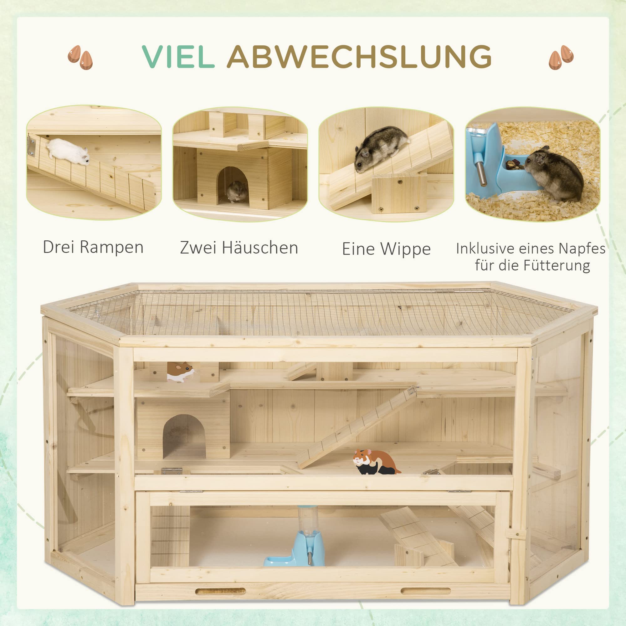 PawHut Gabbia per piccoli animali per roditori, con rampa, gabbia per topi apribile in alto, in legno di abete PS naturale, 115 x 60 x 55 cm