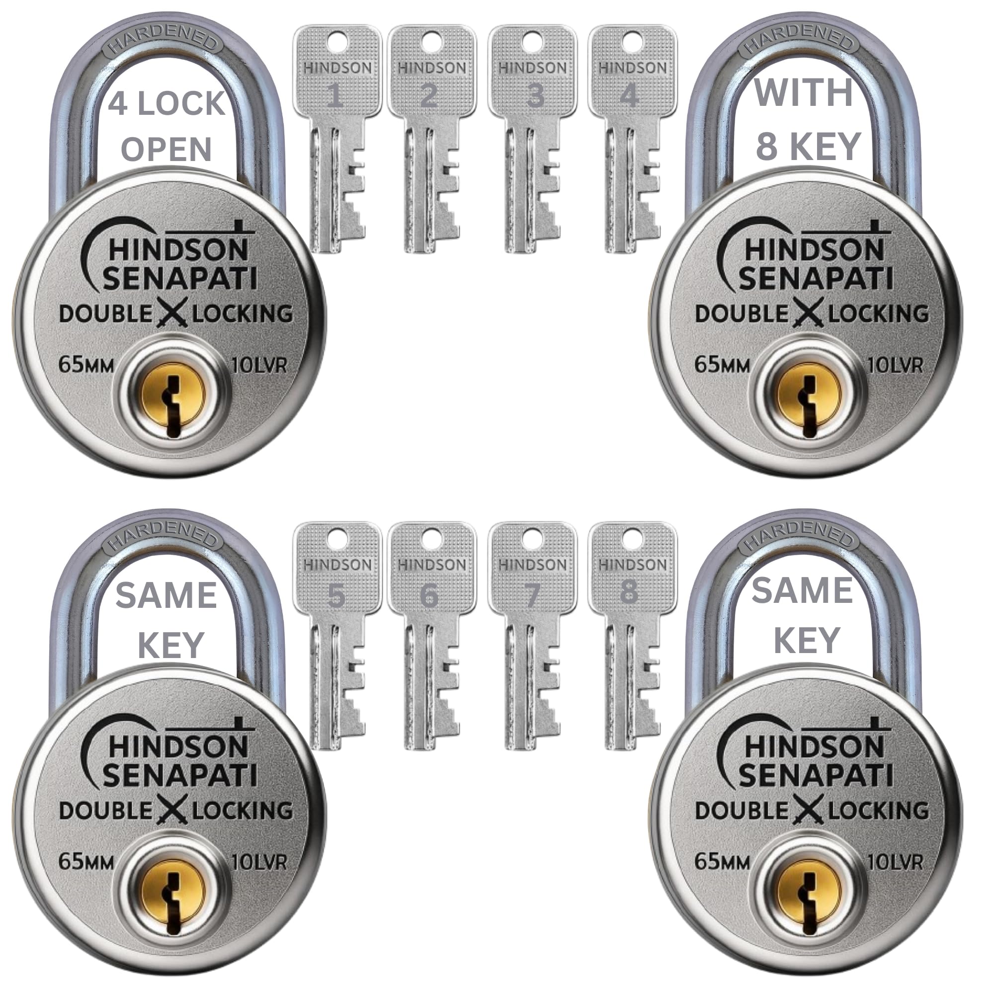 Hindson 8 Common Keys SENAPATI 65mm Double Locking | Pack of 4 with 8 Common Keys | Heavy Duty Lock and Key for Home, Door, Gate & Shutter Security | Hardened Shackle, High Safety Padlock