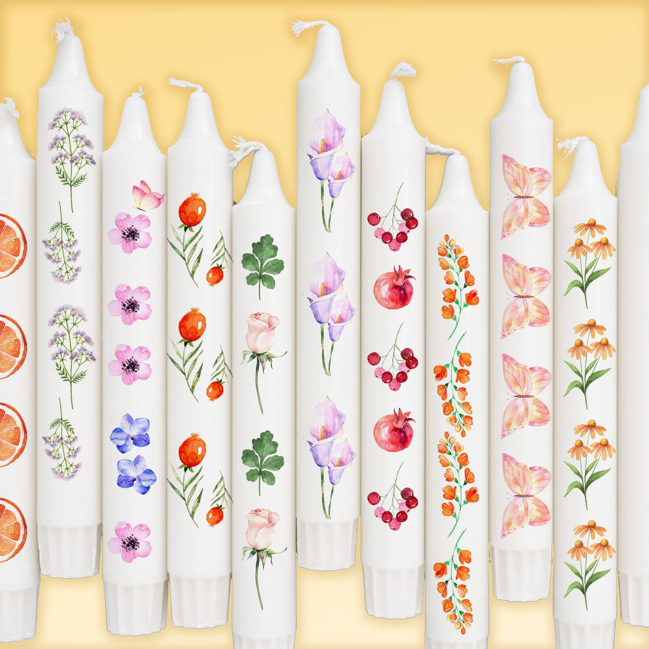 Set di 6 tatuaggi a candela con trasferimento ad acqua (200 motivi), per candele di compleanno, decorazione per matrimoni, battesimi