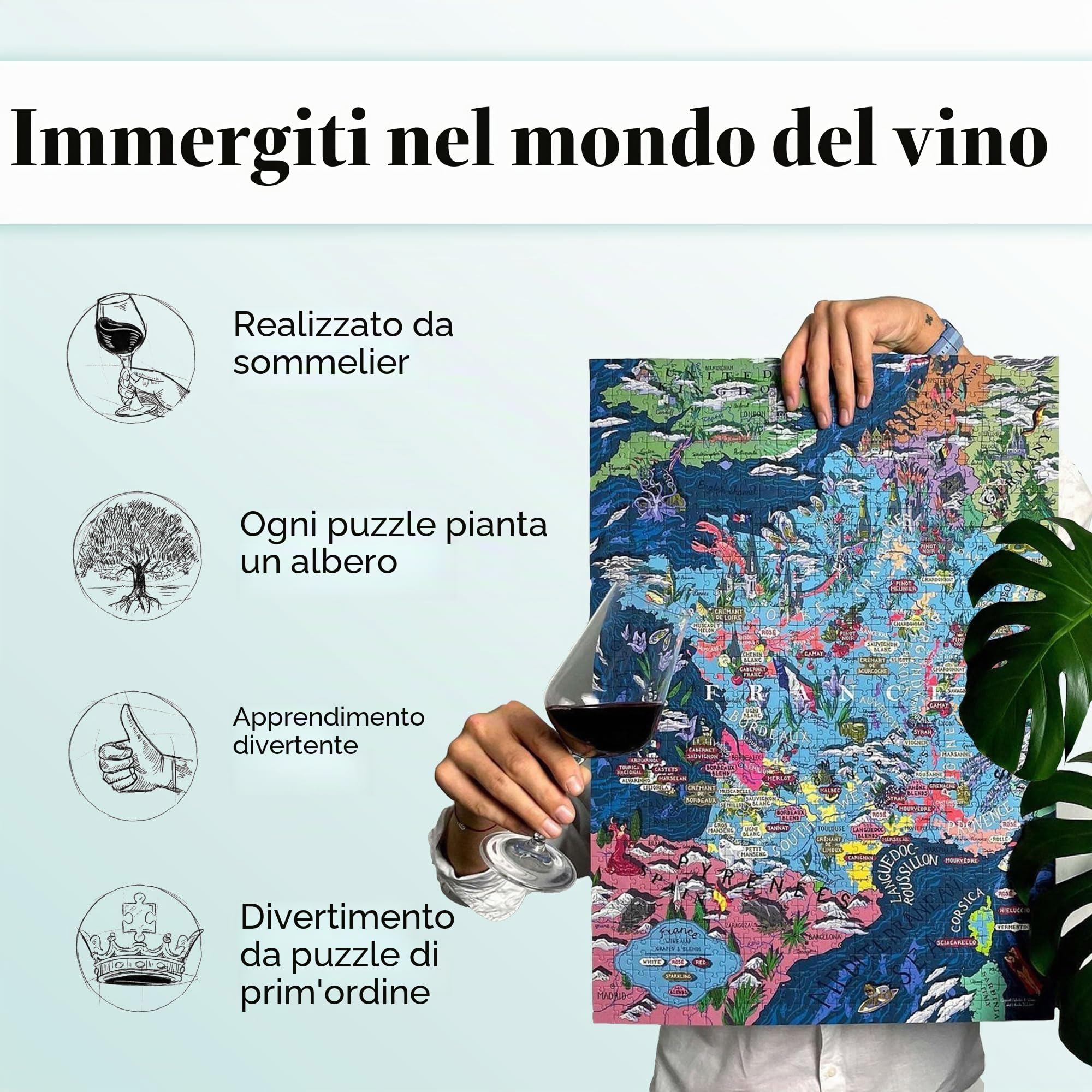 WATER & WINES Puzzle Vino Italia - Puzzle Emozionante ed Educativo 1000 Pezzi per Adulti Mappa Unica Disegnata a Mano dei Vini Italiani