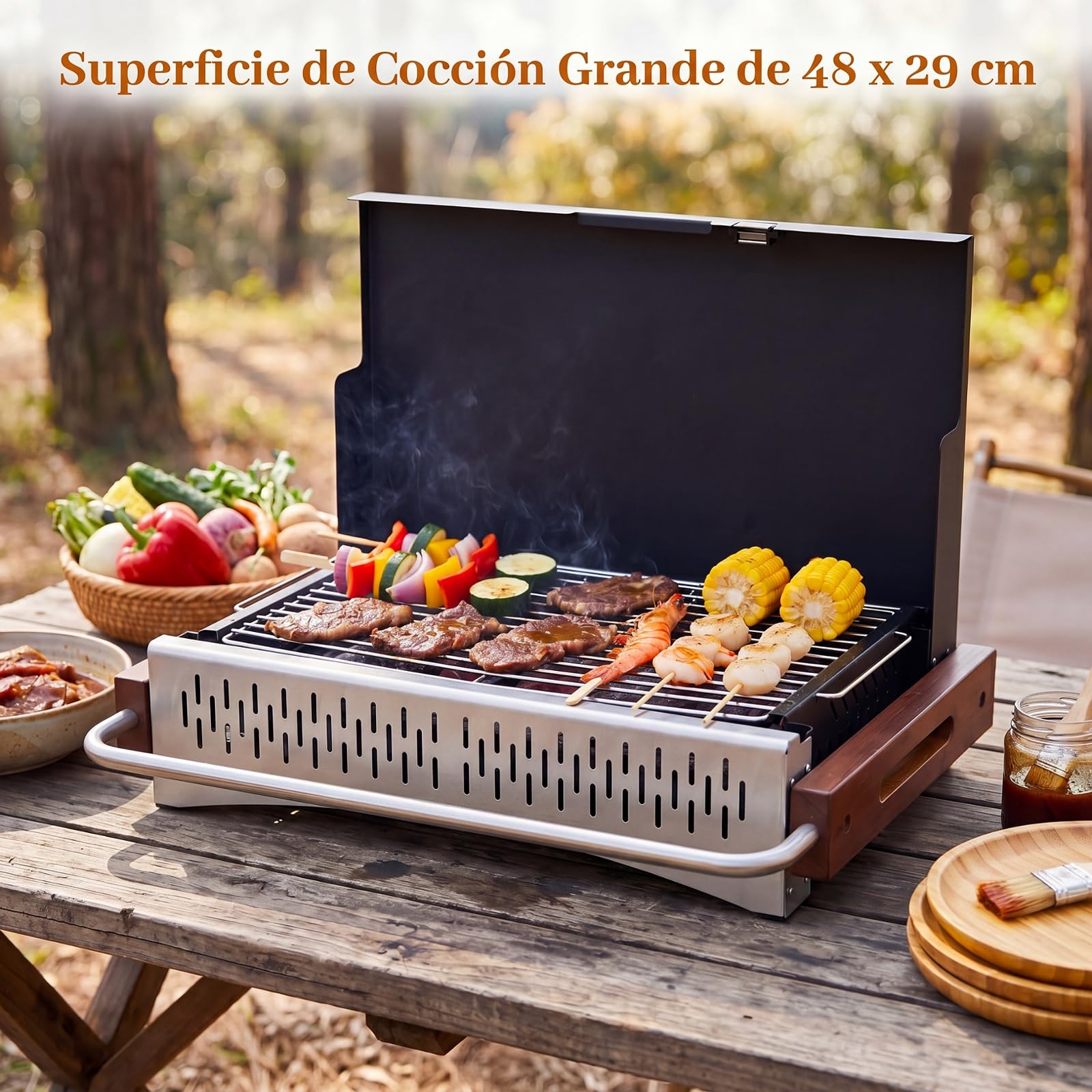 COSTWAY Mini Barbacoa Carbón Mesa Plegable, Parrilla Portátil,(62x43,5 cm) | Metal, Rejilla de Cocción Ajustable en Altura, Orificios de Ventilación, BBQ Camping Picnic Tereaza