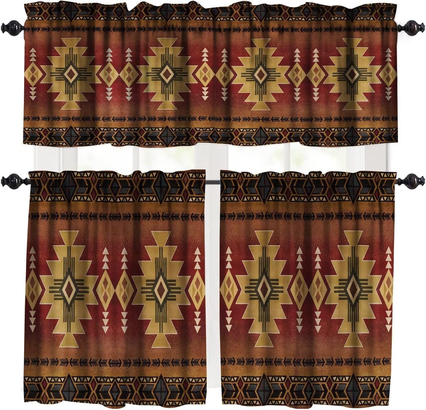 Tribal Aztec Window Valance Curtain, Navajo Abstract Geometric Ethnic Tribal Triangle Pattern Window Valances Treatments for Kitchen Living Room Cafe 54''x18''+27''x36''x2（3 Piece）