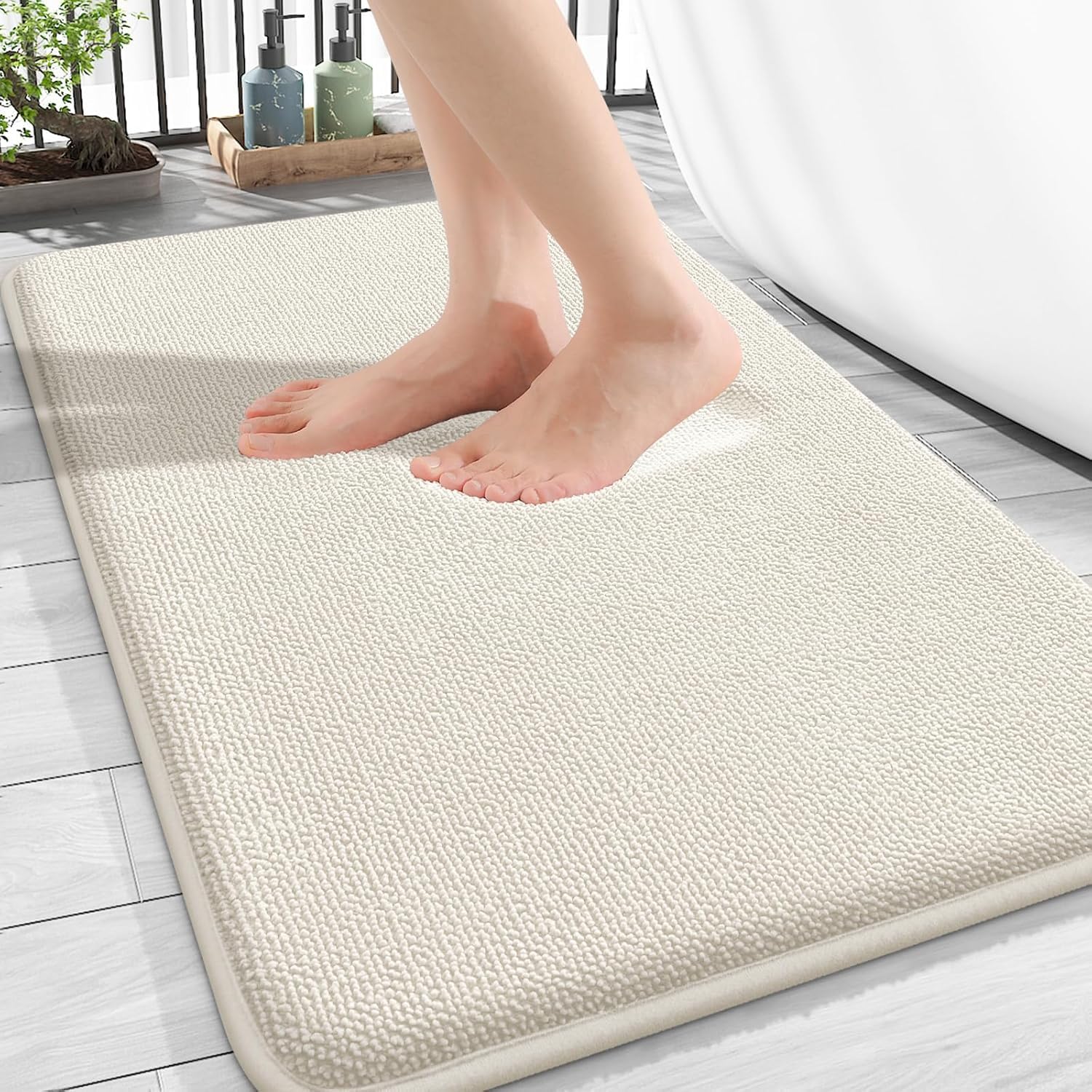 smiry Thick Memory Foam Bath Mat,50 x 75 cm,Extra Soft Absorbent Bathroom Mat,Non-Slip Quick Dry Bath Mats for Bathroom,Machine-Washable Bath Rug Foot Mat,Ivory