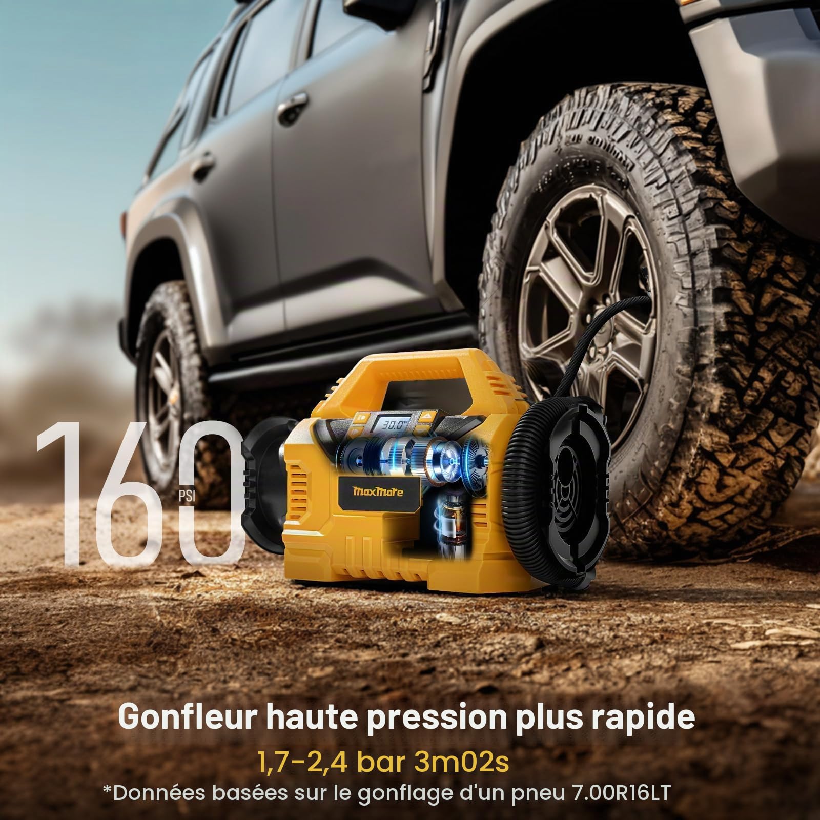 MaxMore Gonfleur de pneu portable compatible avec batterie DeWalt 20 V (outil uniquement), pompe à compresseur d'air sans fil haute pression 160 psi, jauge numérique, arrêt automatique, lumière LED