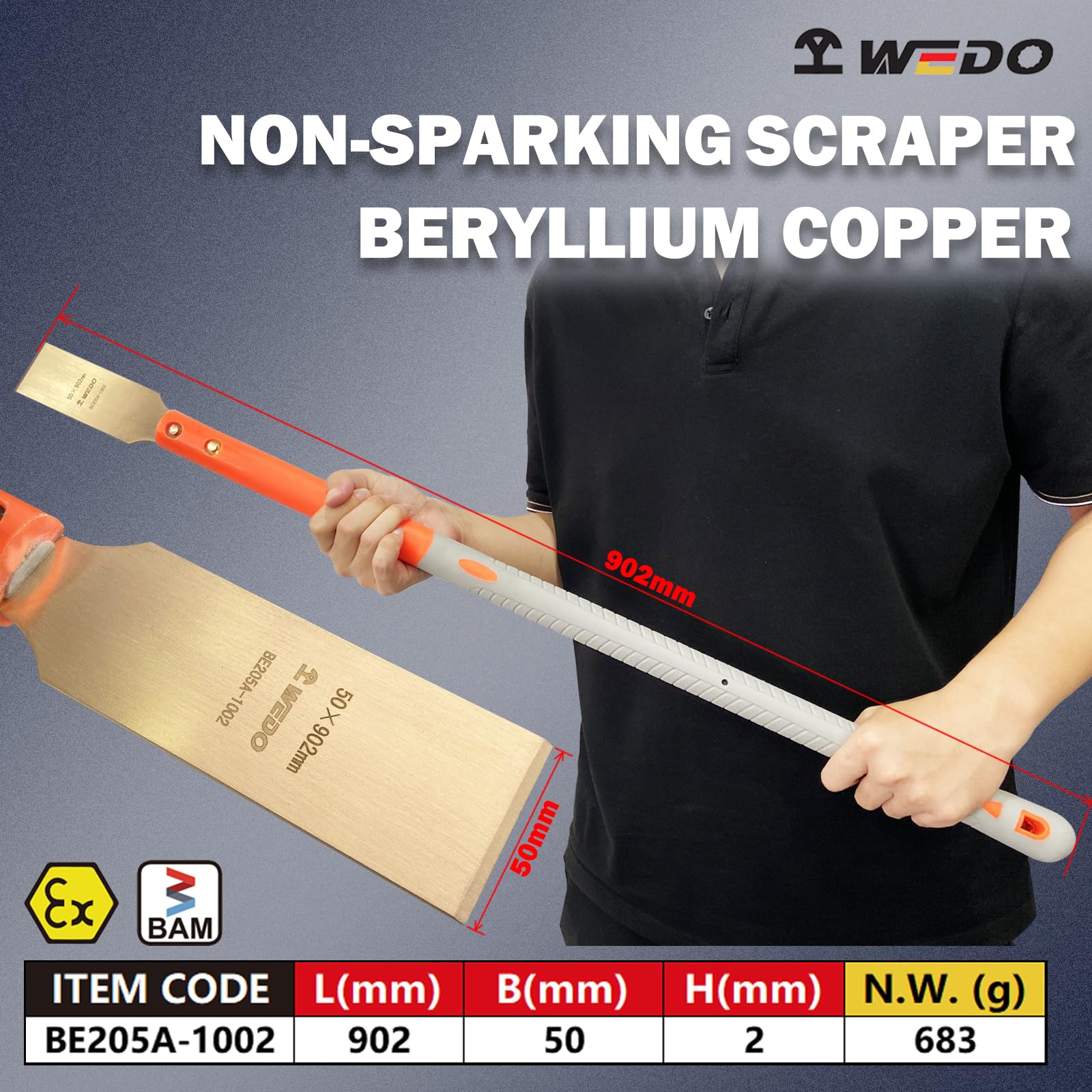 WEDO Raschietto antiscintilla con lama dritta e manico confortevole, strumento di sicurezza senza scintille, rame al berillio, non magnetico, standard DIN, certificato BAM e FM, lunghezza 902 mm