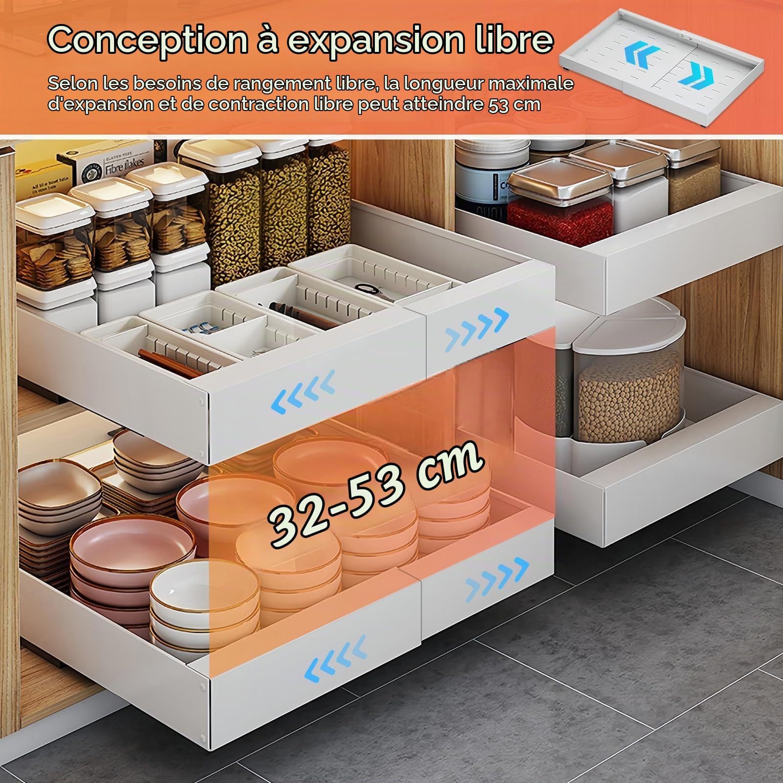 2 Pack Tiroir Coulissant Télescopique Cuisine, Tiroir Coulissant Organisateur pour Armoire, Organisateurs de placard extensibles Sous Armoire, Largeur Réglable 32-53cm