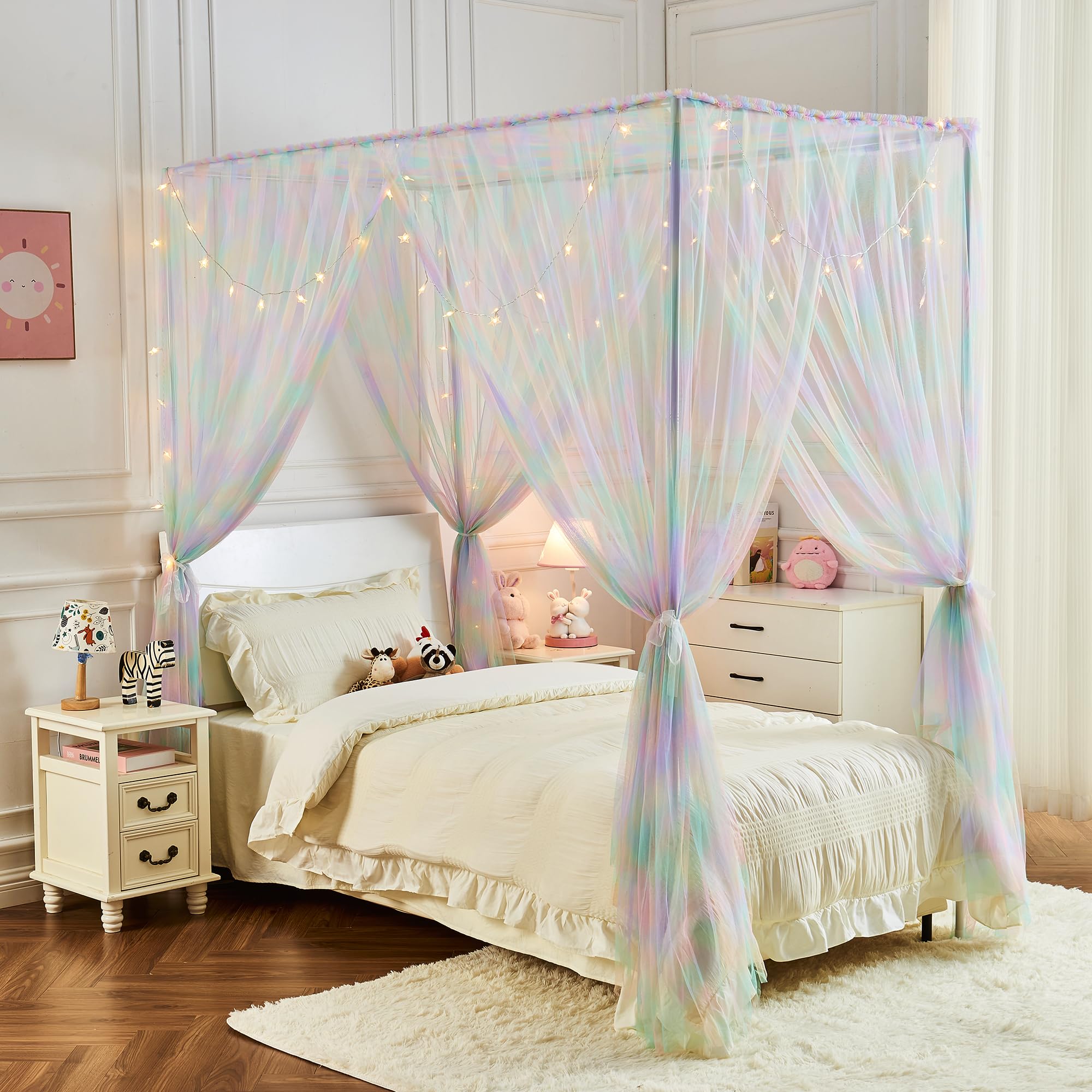 JQWUPUP Pink Rainbow Bed Canopy for Girls Kids, 4 Corner Post Romantic Princess Canopy Bed Curtains Twin for Bedroom Decor