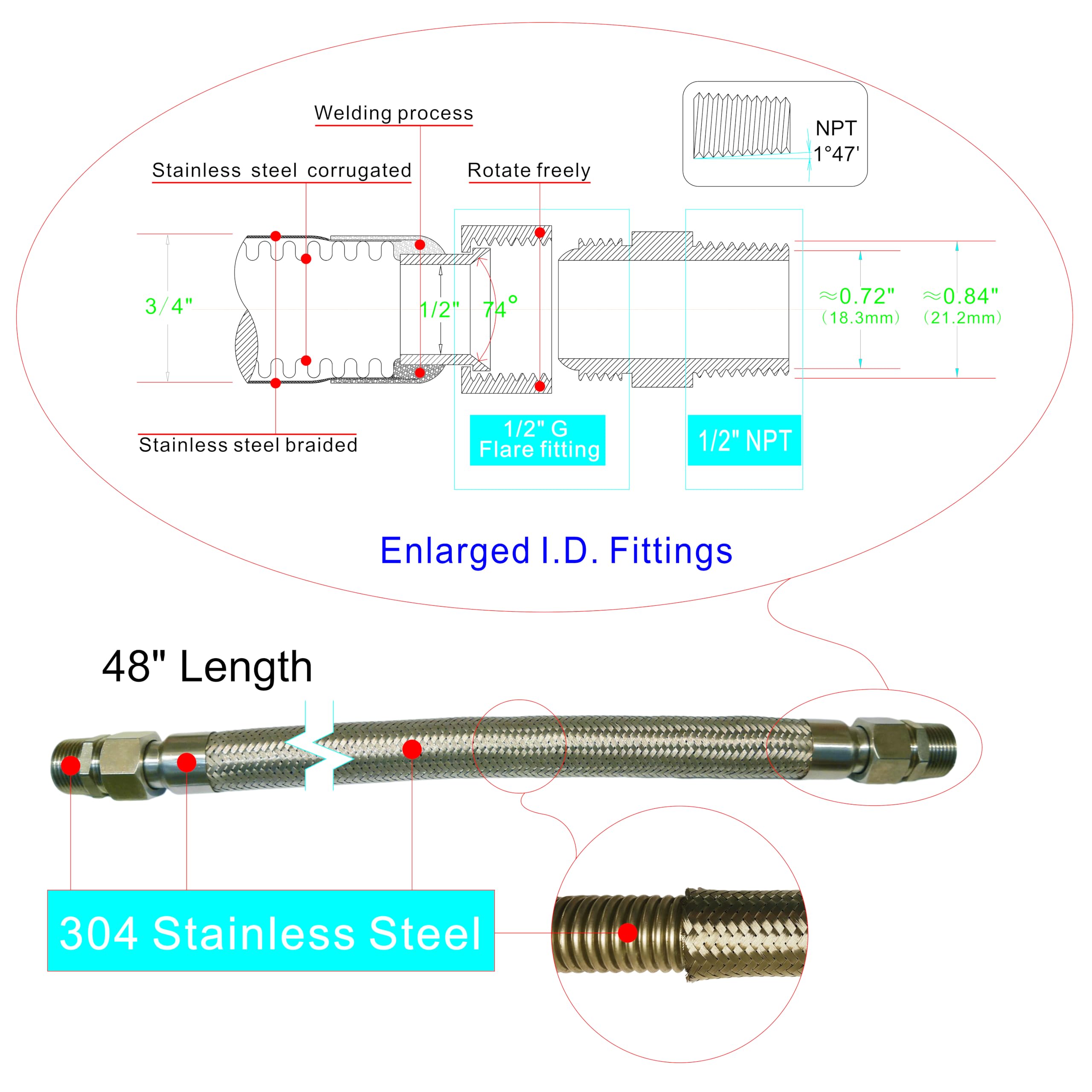 Manguera de puente de compresor de grado industrial, NPT macho de 1,27 cm x 122 cm de longitud, 398 °C, 450 PSI, ambos lados giran libremente, manguera flexible de metal de acero inoxidable de cuerpo