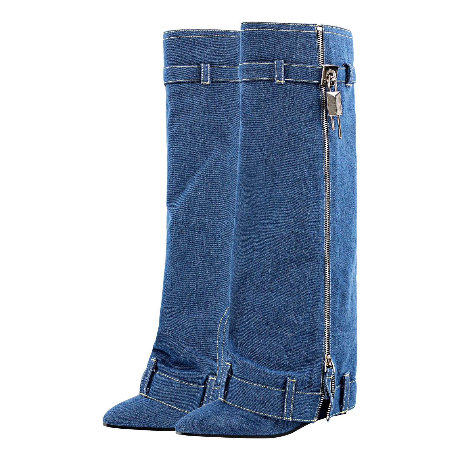 Richealnana Womens Denim Fold Over Knee High Boots Zipper Lock Pointed Toe Wedge Heel Long Boots