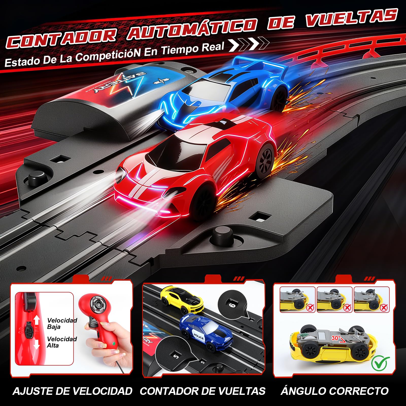 YOOHBERRYS Pista Carreras Electrica, 1:64 Pista Coches Niños Pista Autos -4 LED Coches, USB, Control Remoto, Contador Vueltas, Bucle 360°, Extralargo Circuito Coche 3+ Años Juguete Regalos (737CM)