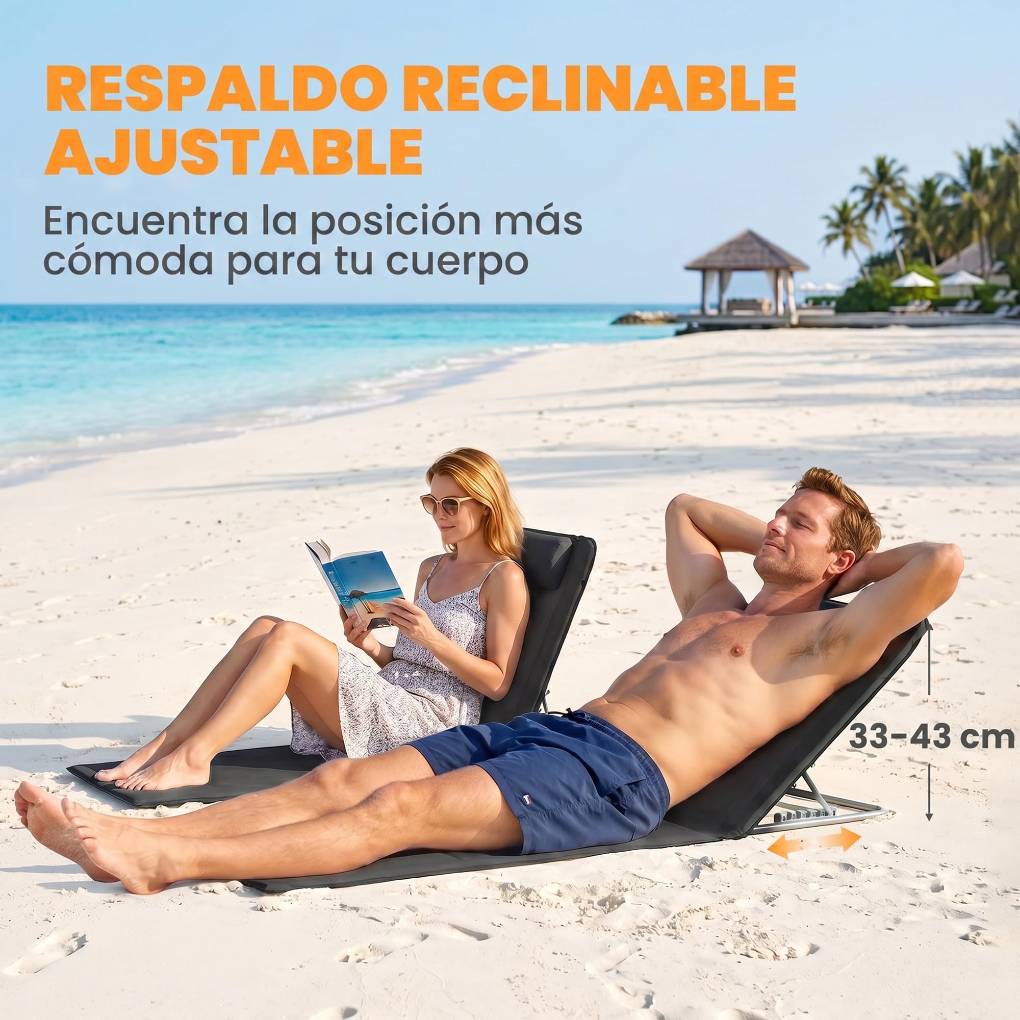 Outsunny Conjunto de 2 Esterillas de Playa Plegable Esterillas con Respaldo Reclinable en 5 Niveles Reposacabezas y Bolsa de Transporte 134x48x33-43 cm Negro