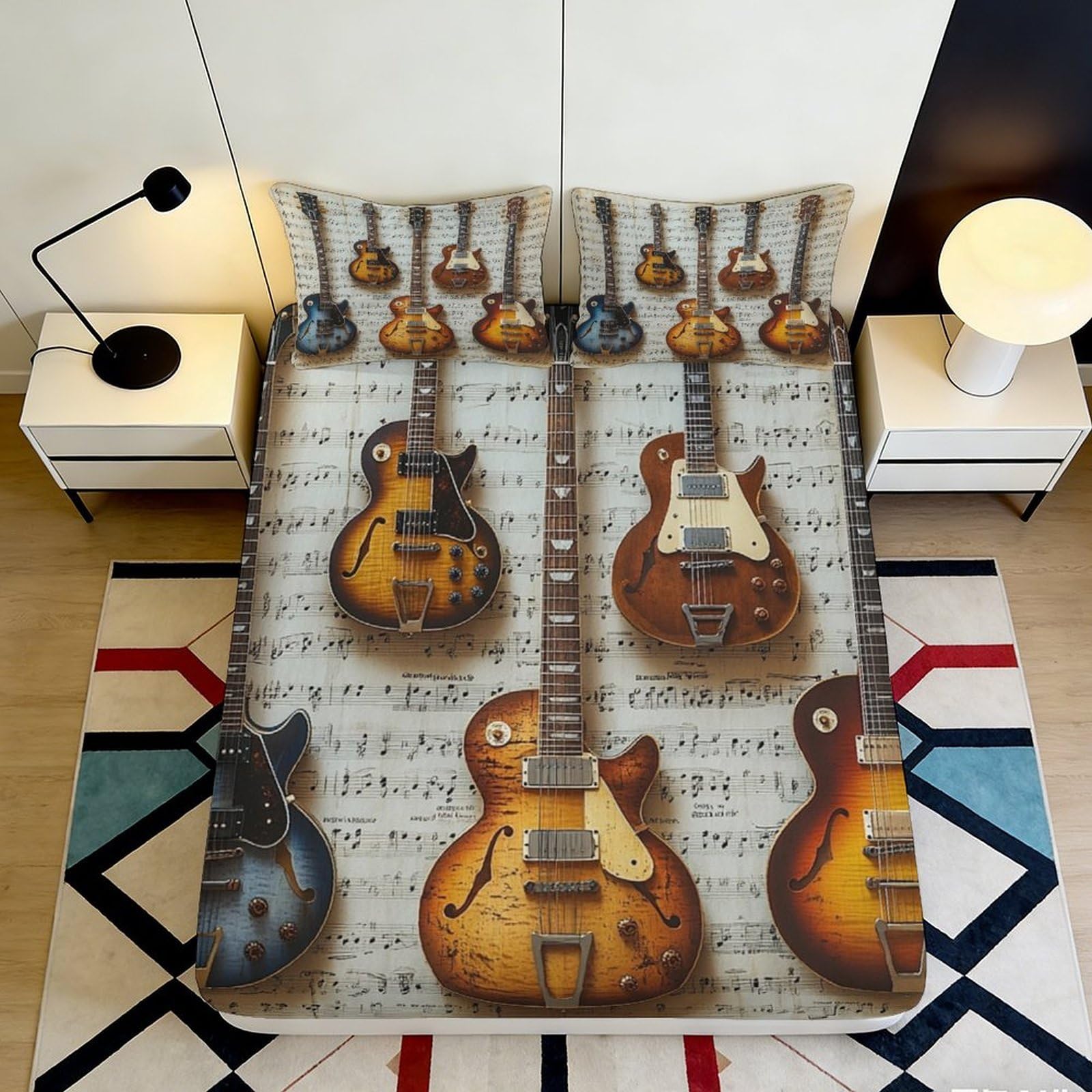 Pnayamiorkfel Style-6 3D Printed Vintage Guitar Fitted Sheet Microfiber Soft Music Sheet Bed Cover Bedroom Dorm Mattress Protector Decor 90X200x25cm