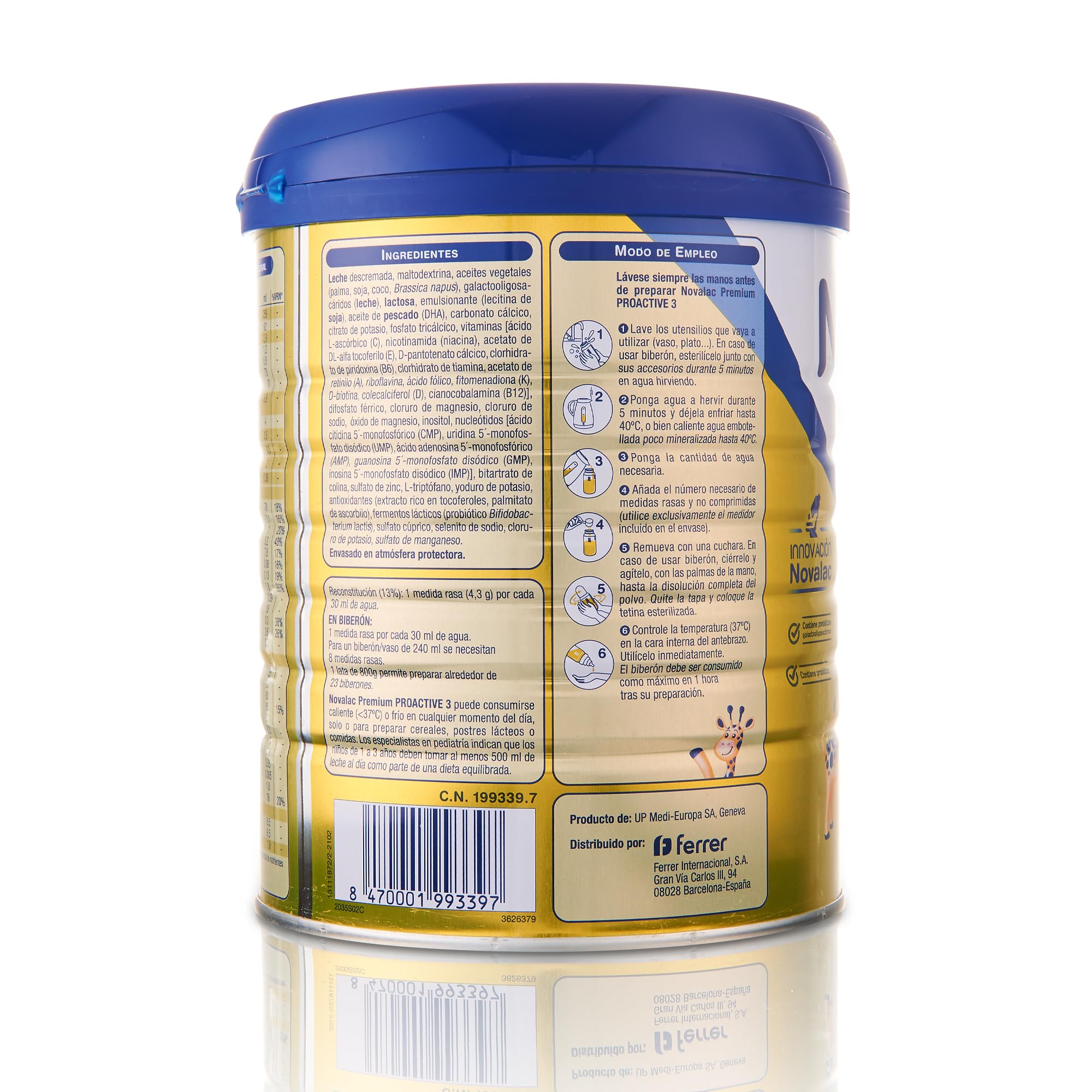 Novalac Premium Proactive 3 Leche de Continuación 1-3 Años. Contribuye al Desarrollo Normal y del sistema inmunitario del Bebé. Fórmula Elaborada con Pediatras rica en Calcio, Yodo, ViT A y D - 800 g