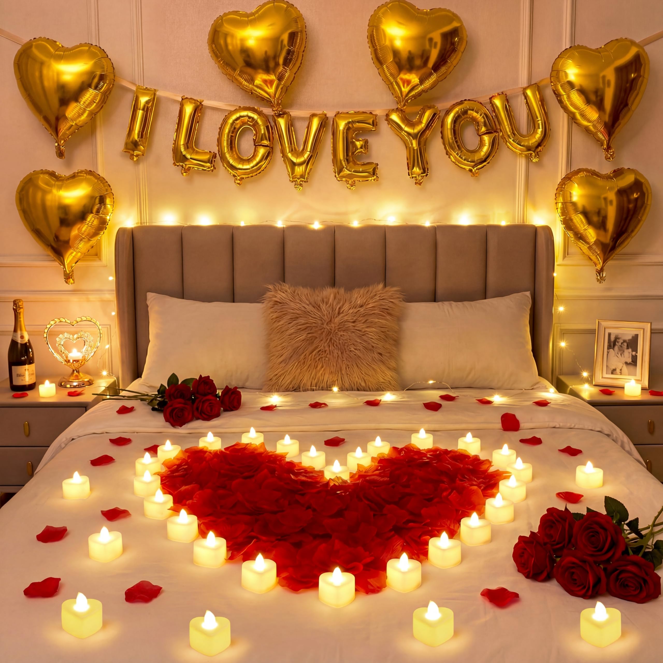 Gold Valentine's Day Balloon Kit with 16 Inch I Love You Letter Banner 6 Pcs18 Inch Heart Balloons 24 Pcs Flameless Candles 2000 Pcs Fake Rose Petal for Galentines Party Bridal Shower Decor